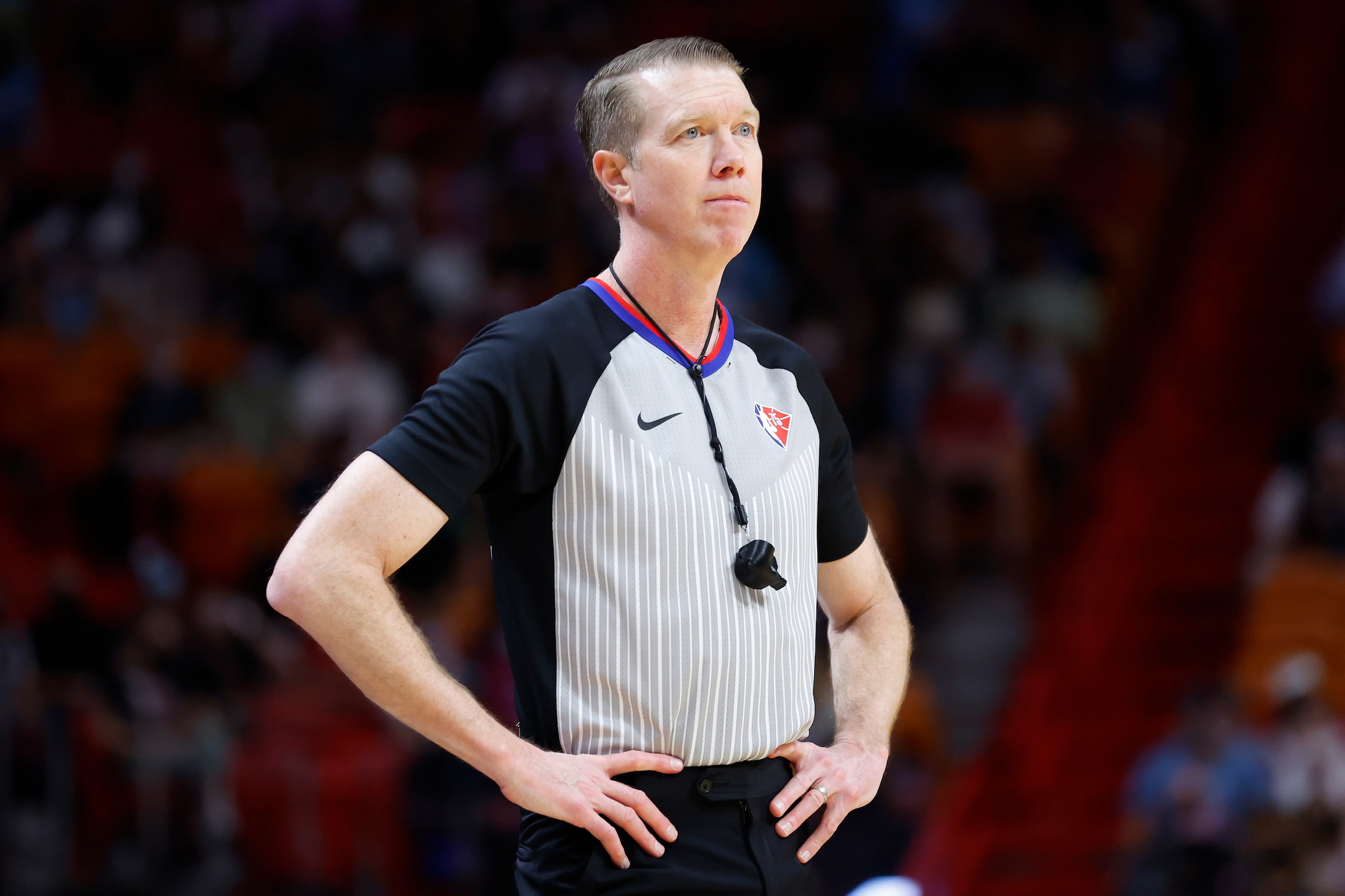 MIAMI, FLORIDA - DECEMBER 28: Referee Ed Malloy #14 reacts during the second half between the Miami Heat and the Washington Wizards at FTX Arena on December 28, 2021 in Miami, Florida. NOTE TO USER: User expressly acknowledges and agrees that, by downloading and or using this photograph, User is consenting to the terms and conditions of the Getty Images License Agreement.  (Photo by Michael Reaves/Getty Images)