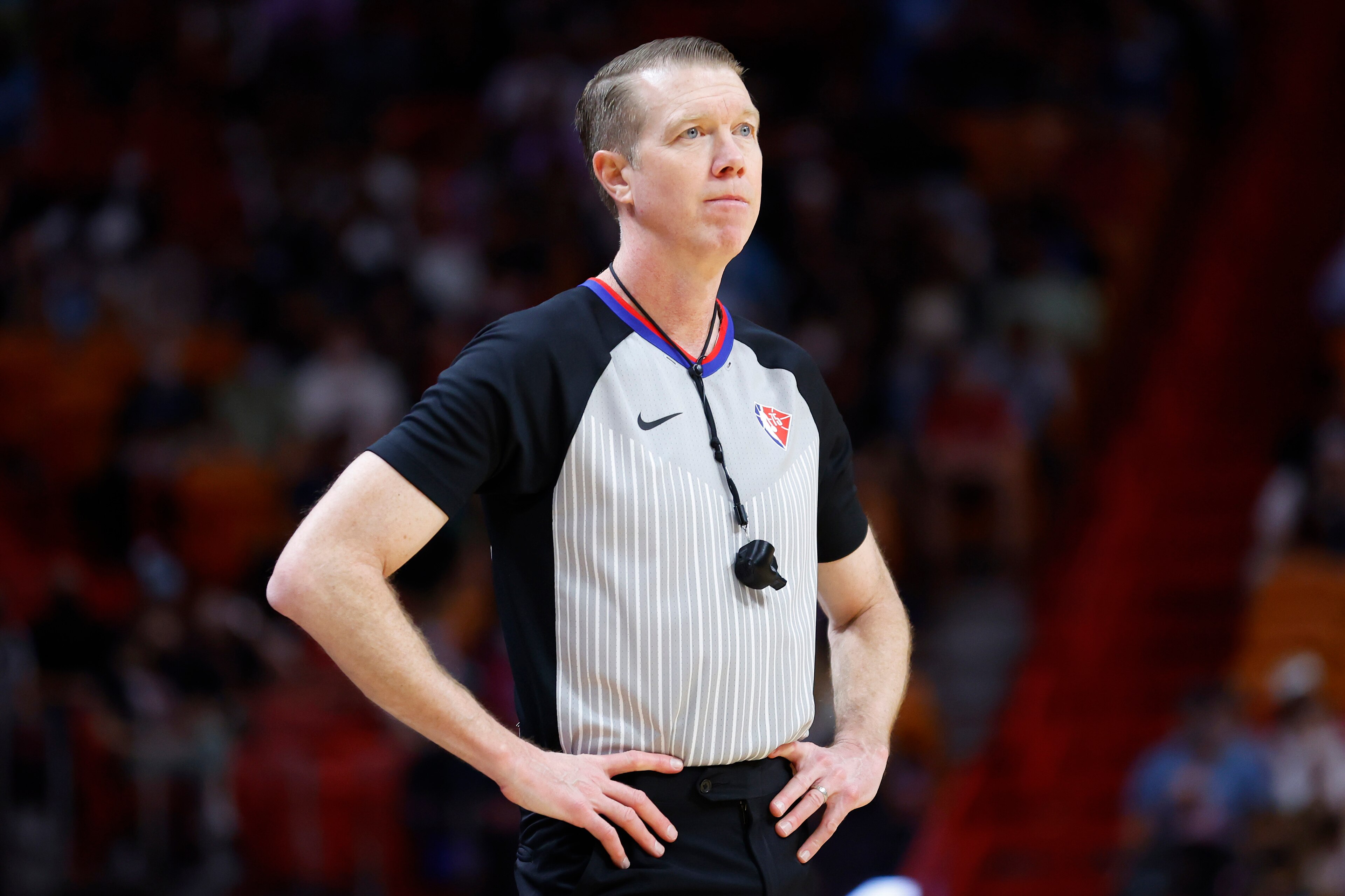 MIAMI, FLORIDA - DECEMBER 28: Referee Ed Malloy #14 reacts during the second half between the Miami Heat and the Washington Wizards at FTX Arena on December 28, 2021 in Miami, Florida. NOTE TO USER: User expressly acknowledges and agrees that, by downloading and or using this photograph, User is consenting to the terms and conditions of the Getty Images License Agreement. (Photo by Michael Reaves/Getty Images) MIAMI, FLORIDA - DECEMBER 28: Referee Ed Malloy #14 reacts during the second half between the Miami Heat and the Washington Wizards at FTX Arena on December 28, 2021 in Miami, Florida. NOTE TO USER: User expressly acknowledges and agrees that, by downloading and or using this photograph, User is consenting to the terms and conditions of the Getty Images License Agreement. (Photo by Michael Reaves/Getty Images)