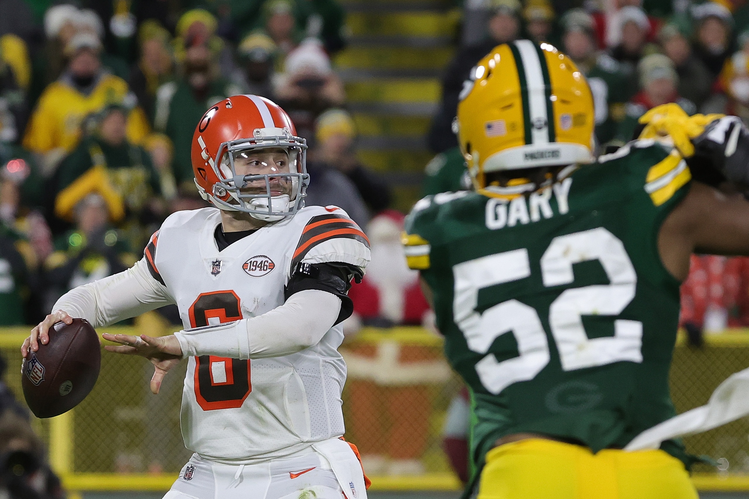 GREEN BAY, WISCONSIN - DECEMBER 25: Baker Mayfield #6 of the Cleveland Browns looks to pass during a game against the Green Bay Packers at Lambeau Field on December 25, 2021 in Green Bay, Wisconsin.  The Packers defeated the Browns 24-22. (Photo by Stacy Revere/Getty Images)