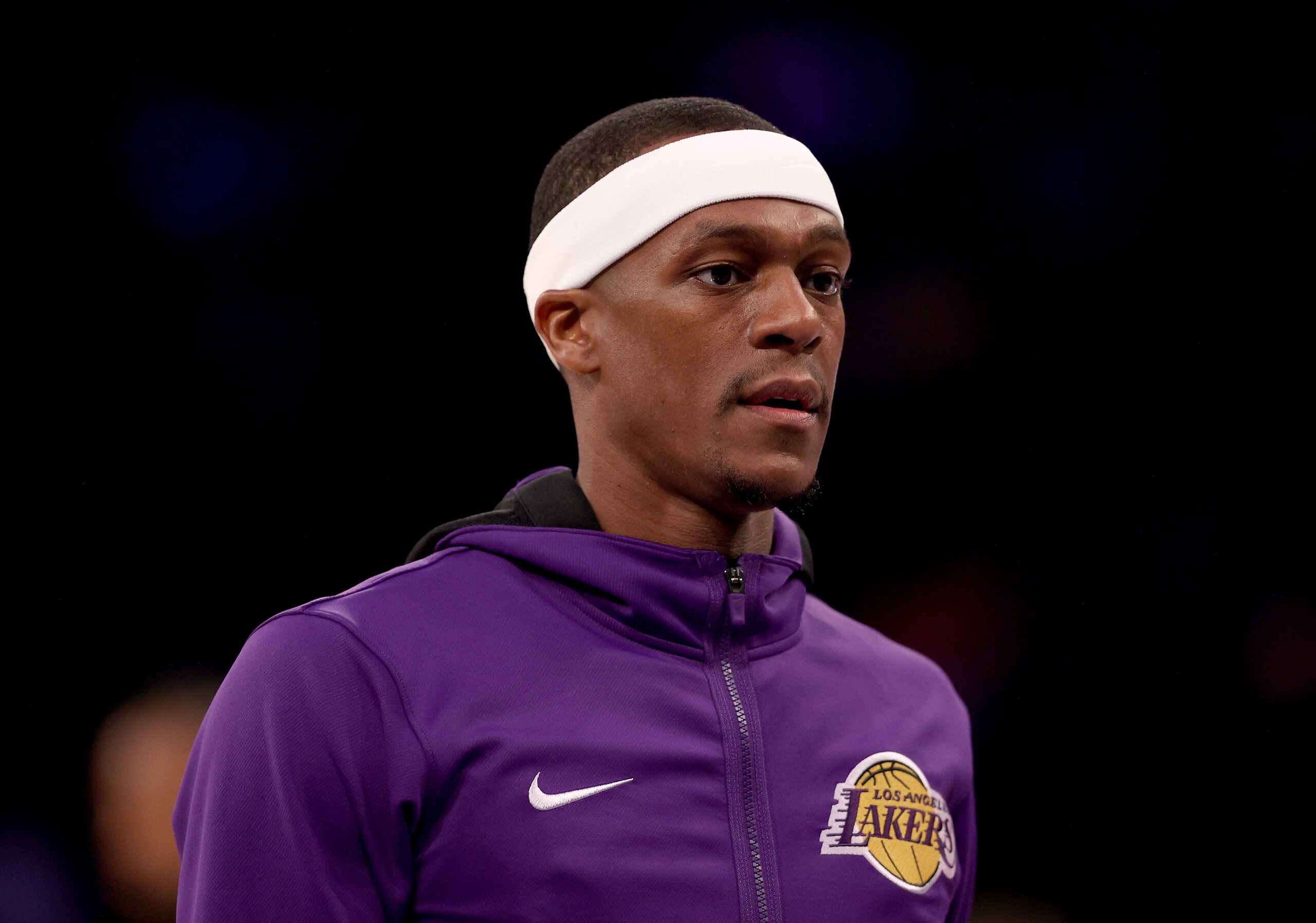 NEW YORK, NEW YORK - NOVEMBER 23: Rajon Rondo of the Los Angeles Lakers warms up before the game against the New York Knicks at Madison Square Garden on November 23, 2021 in New York City. NOTE TO USER: User expressly acknowledges and agrees that, by downloading and or using this photograph, User is consenting to the terms and conditions of the Getty Images License Agreement. (Photo by Elsa/Getty Images) NEW YORK, NEW YORK - NOVEMBER 23: Rajon Rondo of the Los Angeles Lakers warms up before the game against the New York Knicks at Madison Square Garden on November 23, 2021 in New York City. NOTE TO USER: User expressly acknowledges and agrees that, by downloading and or using this photograph, User is consenting to the terms and conditions of the Getty Images License Agreement. (Photo by Elsa/Getty Images)