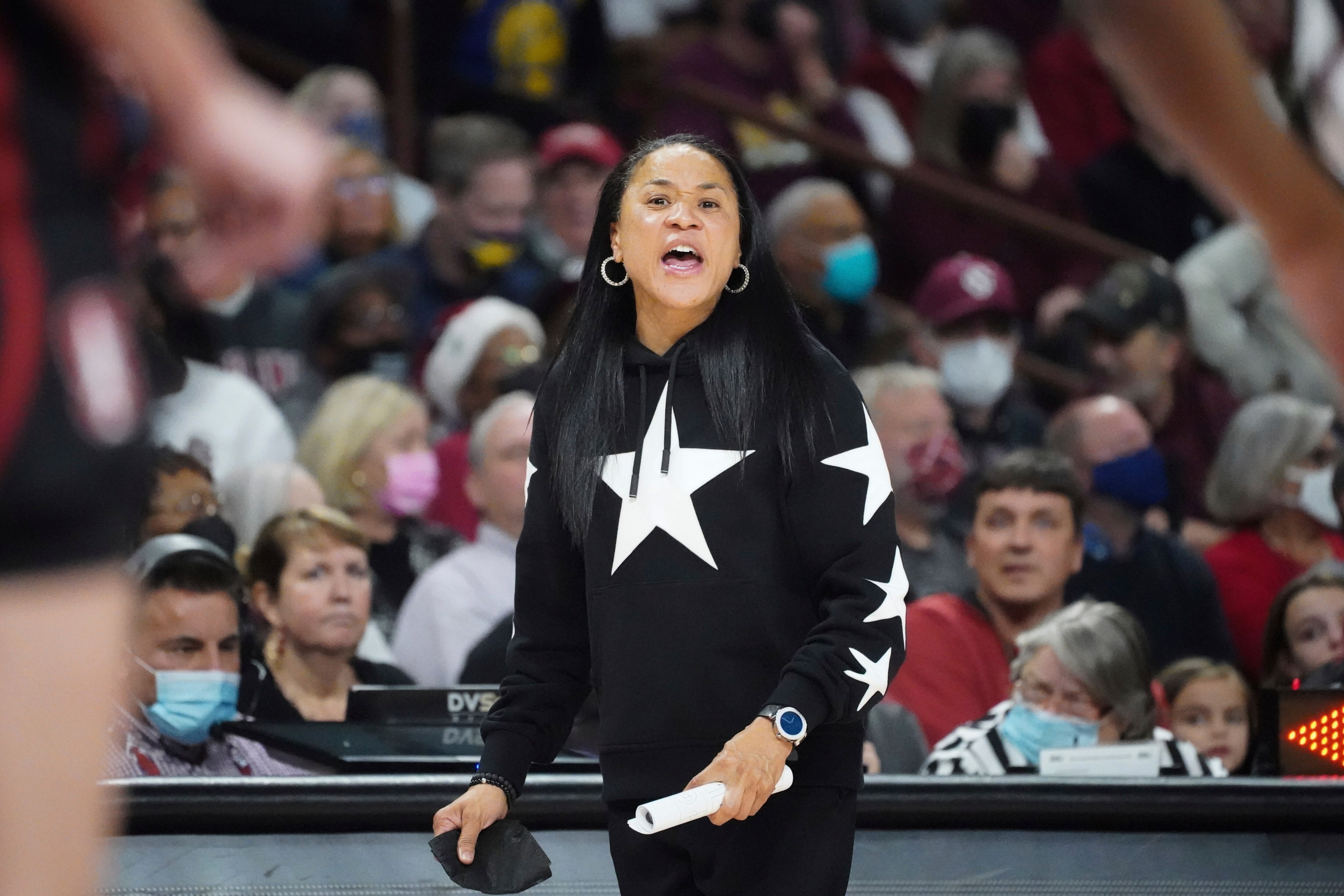 South Carolina head coach Dawn Staley communicates with players during the second half of an NCAA college basketball game against Stanford Tuesday, Dec. 21, 2021, in Columbia, S.C. South Carolina won 65-61. (AP Photo/Sean Rayford)