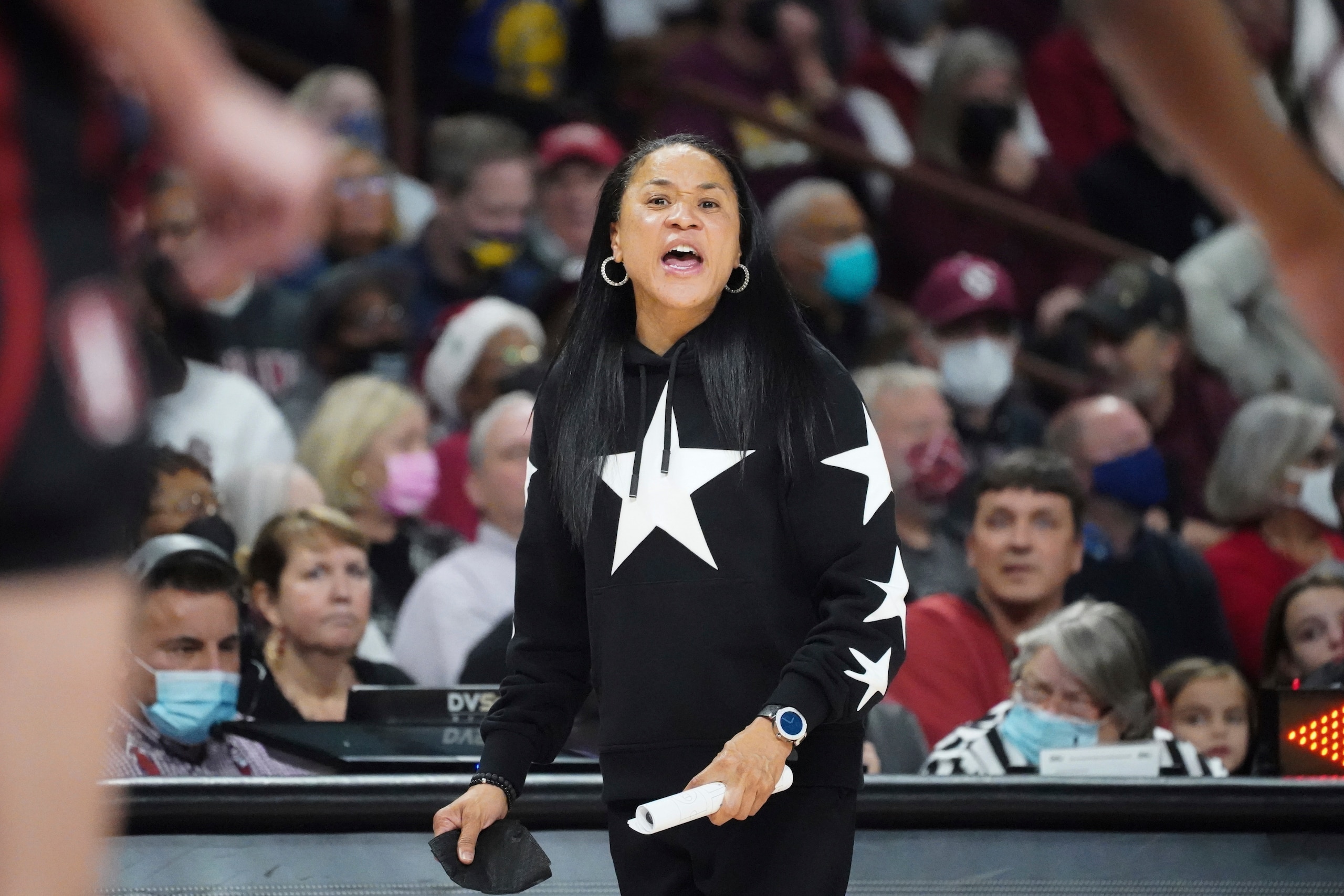 South Carolina head coach Dawn Staley communicates with players during the second half of an NCAA college basketball game against Stanford Tuesday, Dec. 21, 2021, in Columbia, S.C. South Carolina won 65-61. (AP Photo/Sean Rayford)