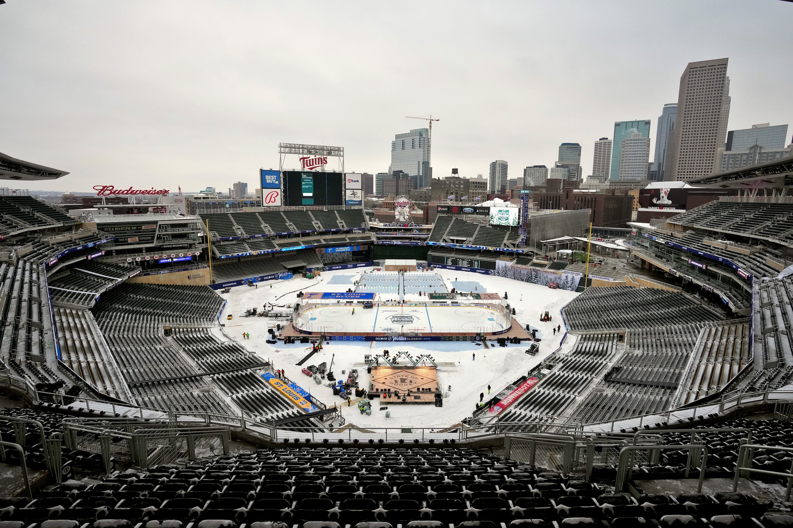MINNEAPOLIS, MINNESOTA - DECEMBER 30: A general view of the stadium build-out before the 2022 NHL Winter Classic at Target Field on December 30, 2021 in Minneapolis, Minnesota. (Photo by Patrick McDermott/NHLI via Getty Images) MINNEAPOLIS, MINNESOTA - DECEMBER 30: A general view of the stadium build-out before the 2022 NHL Winter Classic at Target Field on December 30, 2021 in Minneapolis, Minnesota. (Photo by Patrick McDermott/NHLI via Getty Images)