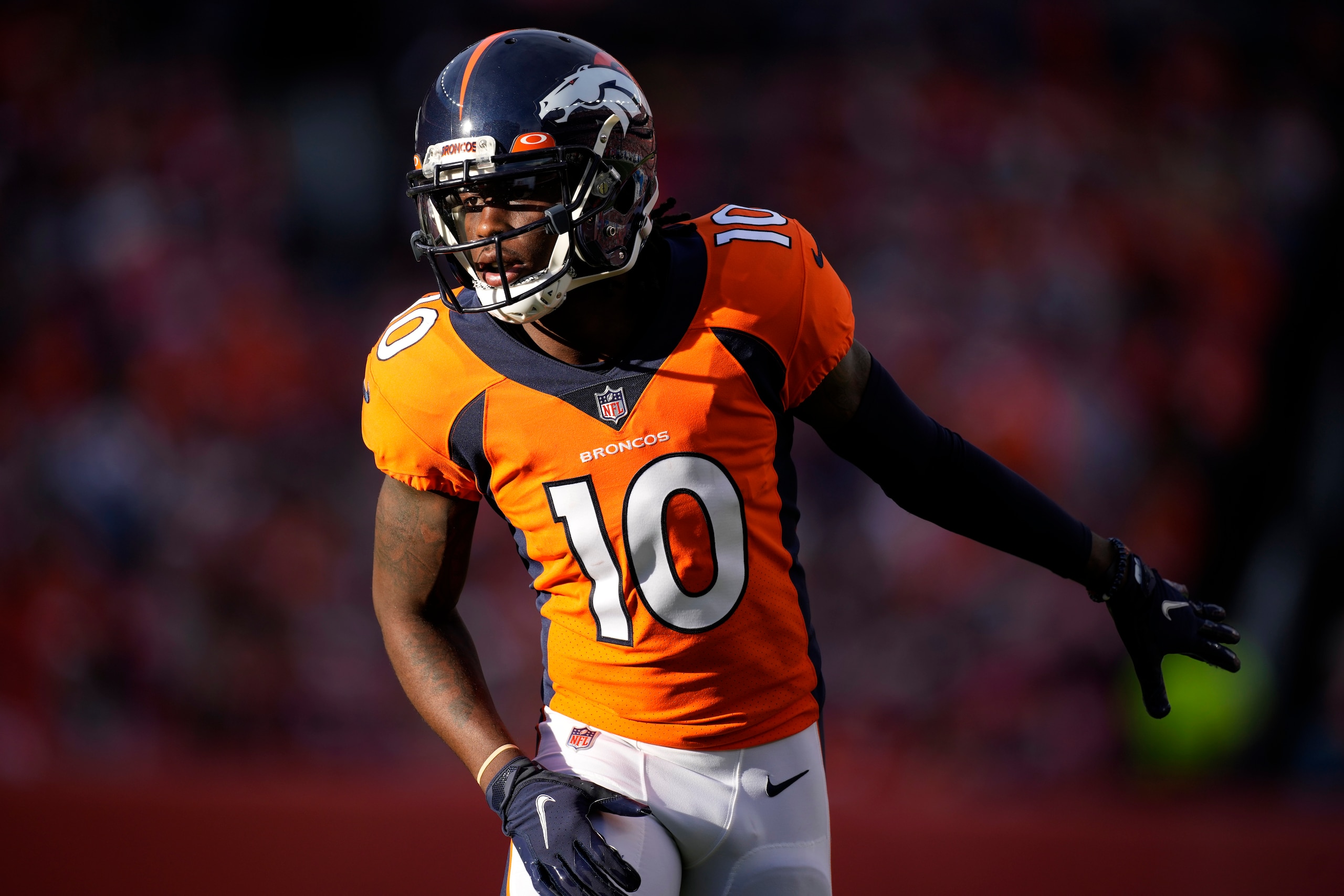 Denver Broncos wide receiver Jerry Jeudy (10) against the Los Angeles Chargers during the first half of an NFL football game, Sunday, Nov. 28, 2021, in Denver. (AP Photo/David Zalubowski)