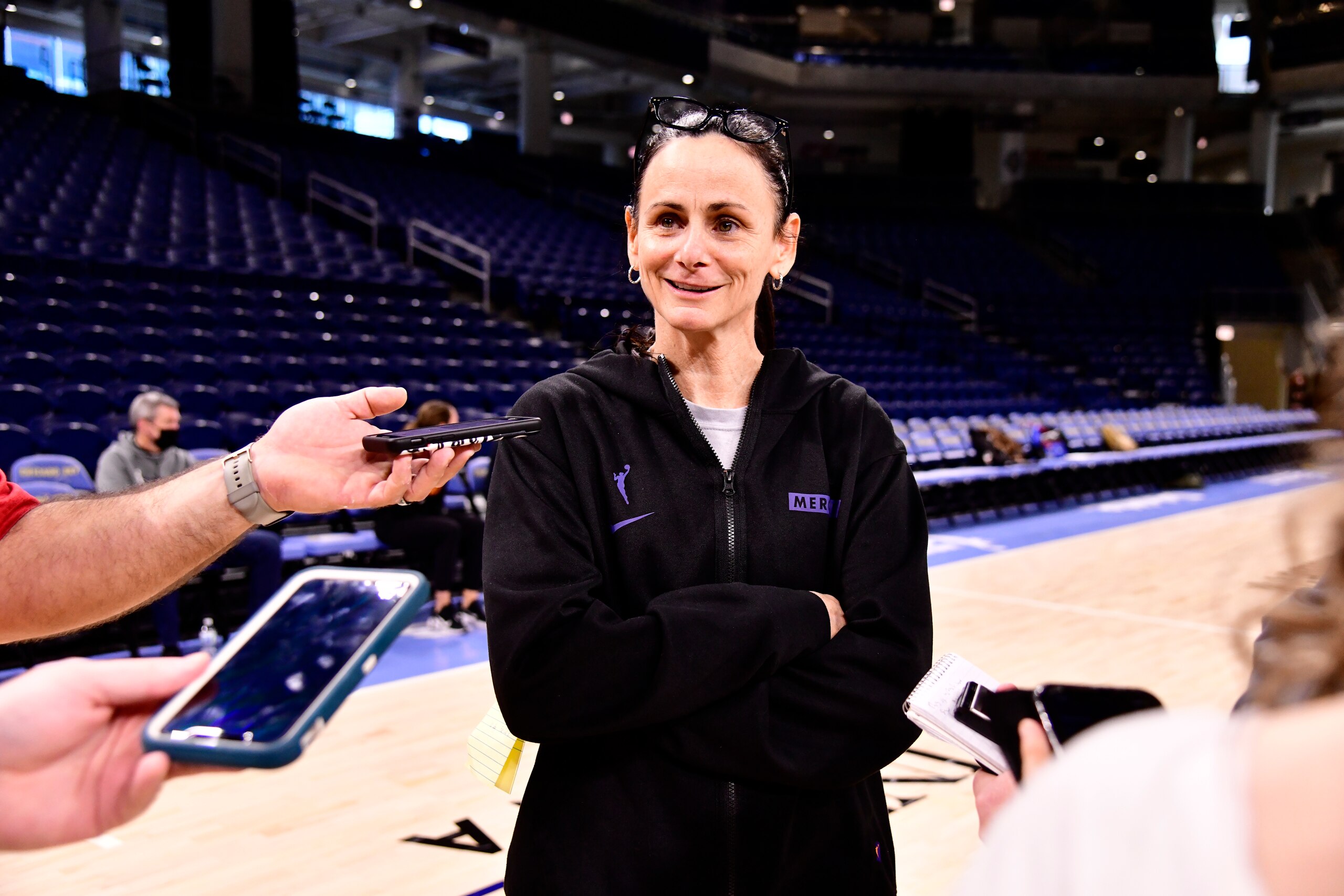 CHICAGO, IL - OCTOBER 16:  Sandy Brondello of the Phoenix Mercury talks to the media at practice and media availability during the 2021 WNBA Finals on October 16, 2021, at Wintrust Arena in Chicago, Illinois. NOTE TO USER: User expressly acknowledges and agrees that, by downloading and or using this Photograph, user is consenting to the terms and conditions of the Getty Images License Agreement. Mandatory Copyright Notice: Copyright 2021 NBAE (Photo by Barry Gossage/NBAE via Getty Images)