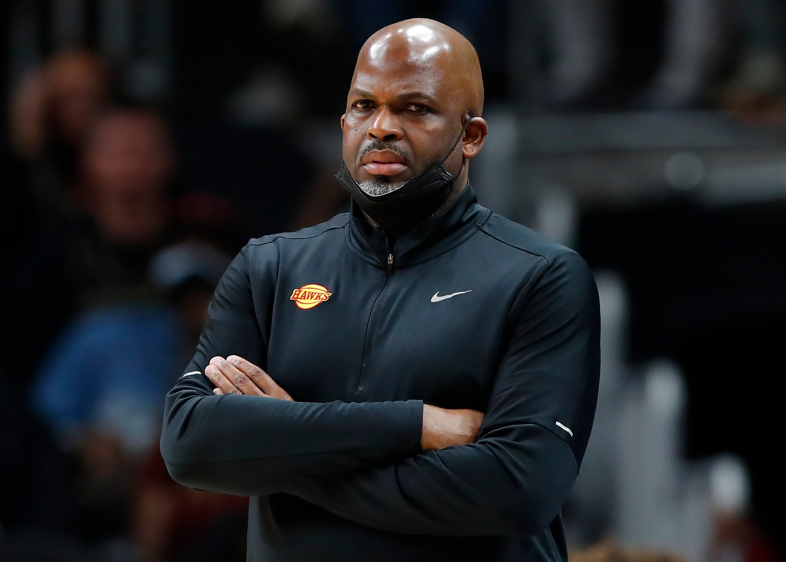 ATLANTA, GA - DECEMBER 27: Head coach Nate McMillan looks on during the first half against the Chicago Bulls at State Farm Arena on December 27, 2021 in Atlanta, Georgia. NOTE TO USER: User expressly acknowledges and agrees that, by downloading and or using this photograph, User is consenting to the terms and conditions of the Getty Images License Agreement. (Photo by Todd Kirkland/Getty Images)