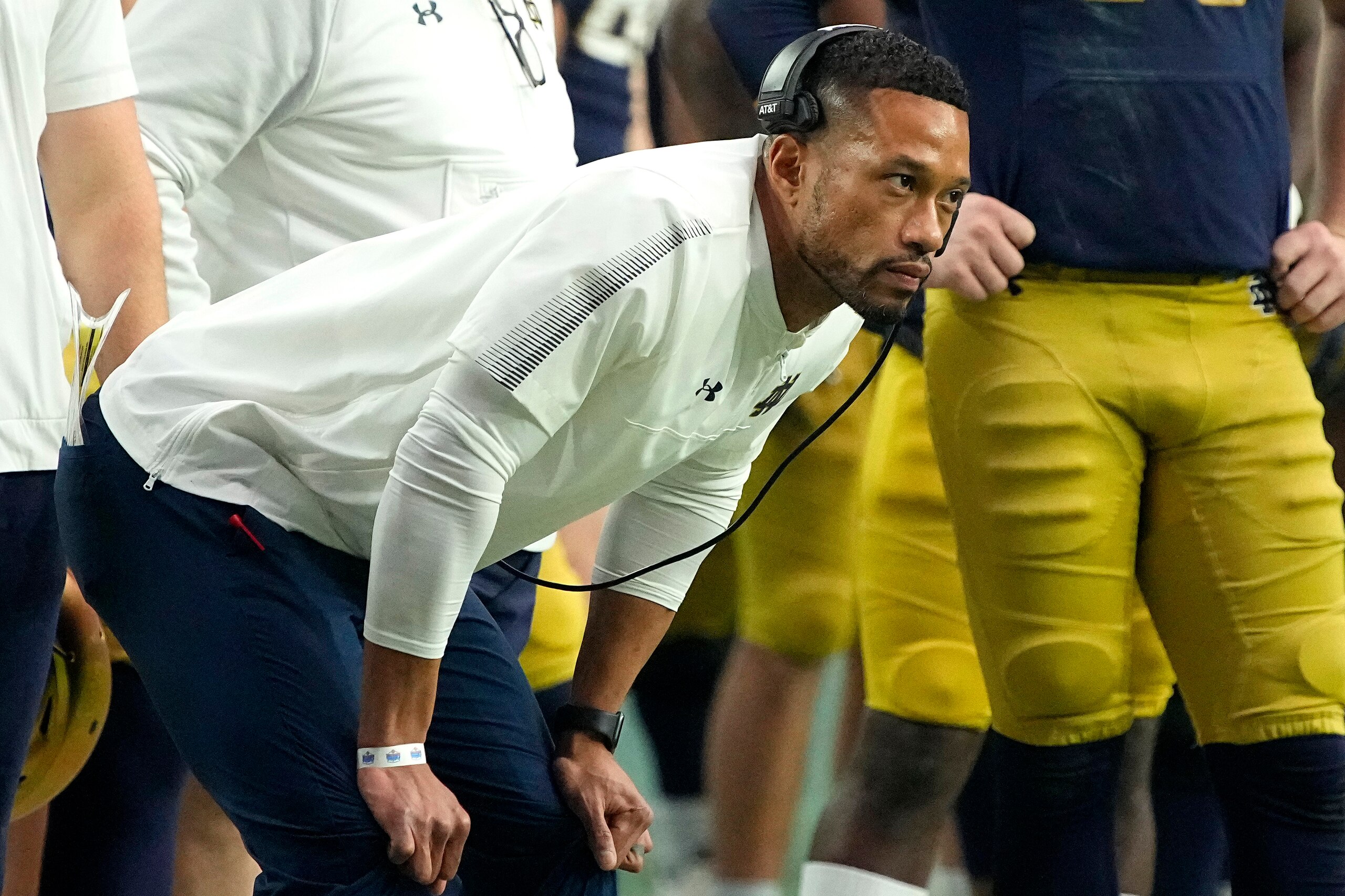 Notre Dame head coach Marcus Freeman watches during the second half of the Fiesta Bowl NCAA college football game against Oklahoma State, Saturday, Jan. 1, 2022, in Glendale, Ariz. (AP Photo/Rick Scuteri)