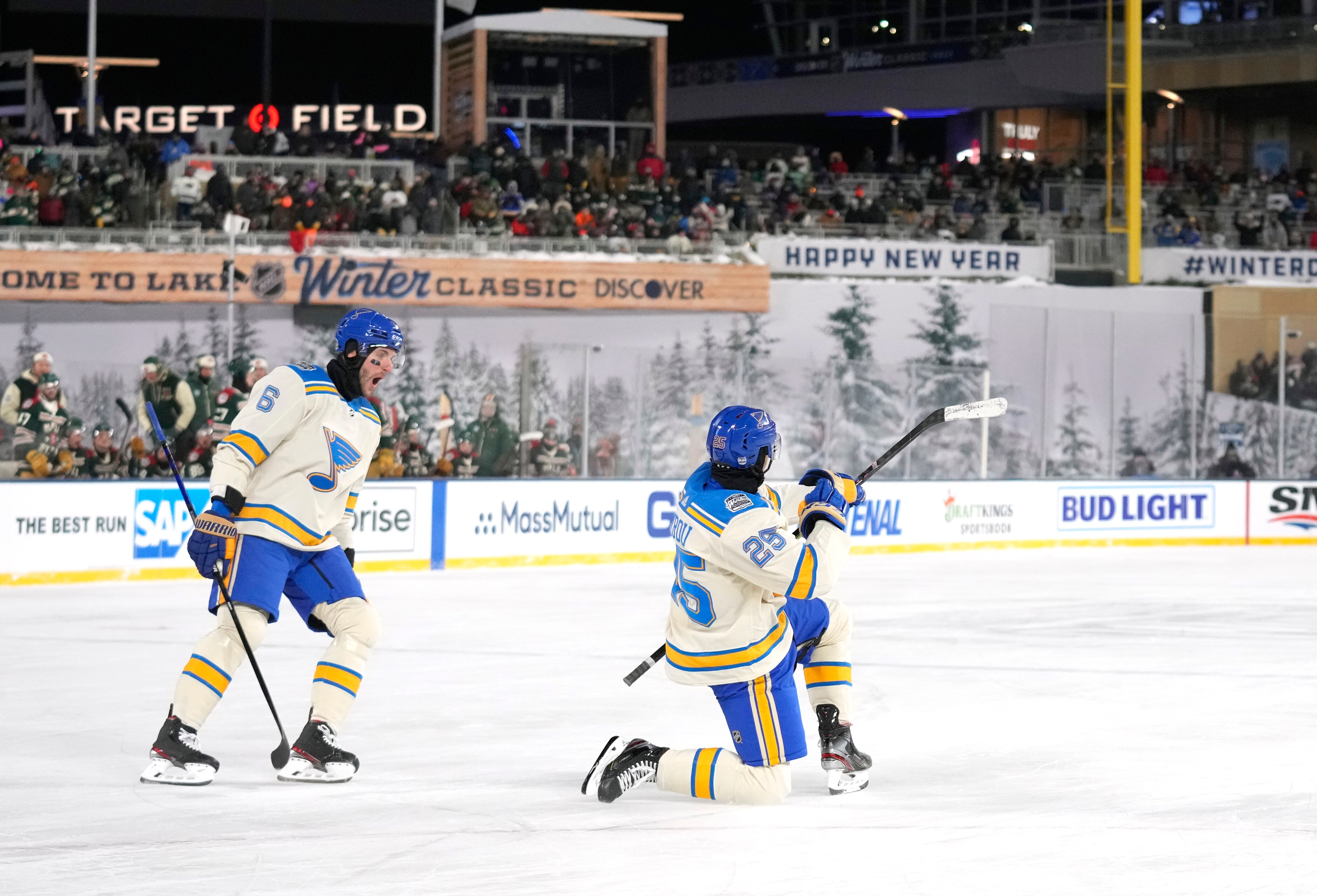 MINNEAPOLIS, MINNESOTA - JANUARY 01: Jordan Kyrou #25 of the St. Louis Blues celebrates his second goal of the period during the second period of the 2022 NHL Winter Classic between the St. Louis Blues and the Minnesota Wild at Target Field on January 01, 2022 in Minneapolis, Minnesota. (Photo by Patrick McDermott/NHLI via Getty Images)