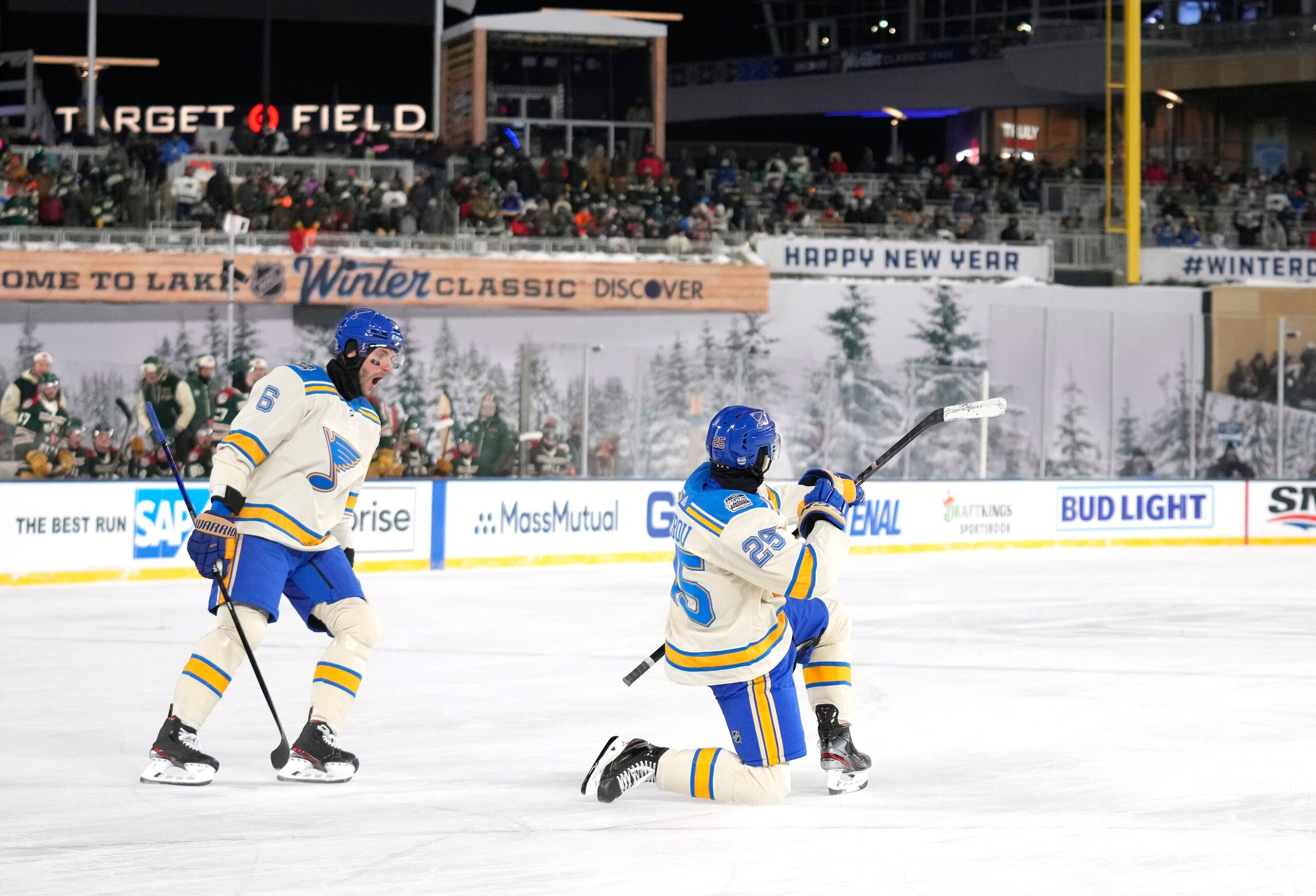 MINNEAPOLIS, MINNESOTA - JANUARY 01: Jordan Kyrou #25 of the St. Louis Blues celebrates his second goal of the period during the second period of the 2022 NHL Winter Classic between the St. Louis Blues and the Minnesota Wild at Target Field on January 01, 2022 in Minneapolis, Minnesota. (Photo by Patrick McDermott/NHLI via Getty Images)
