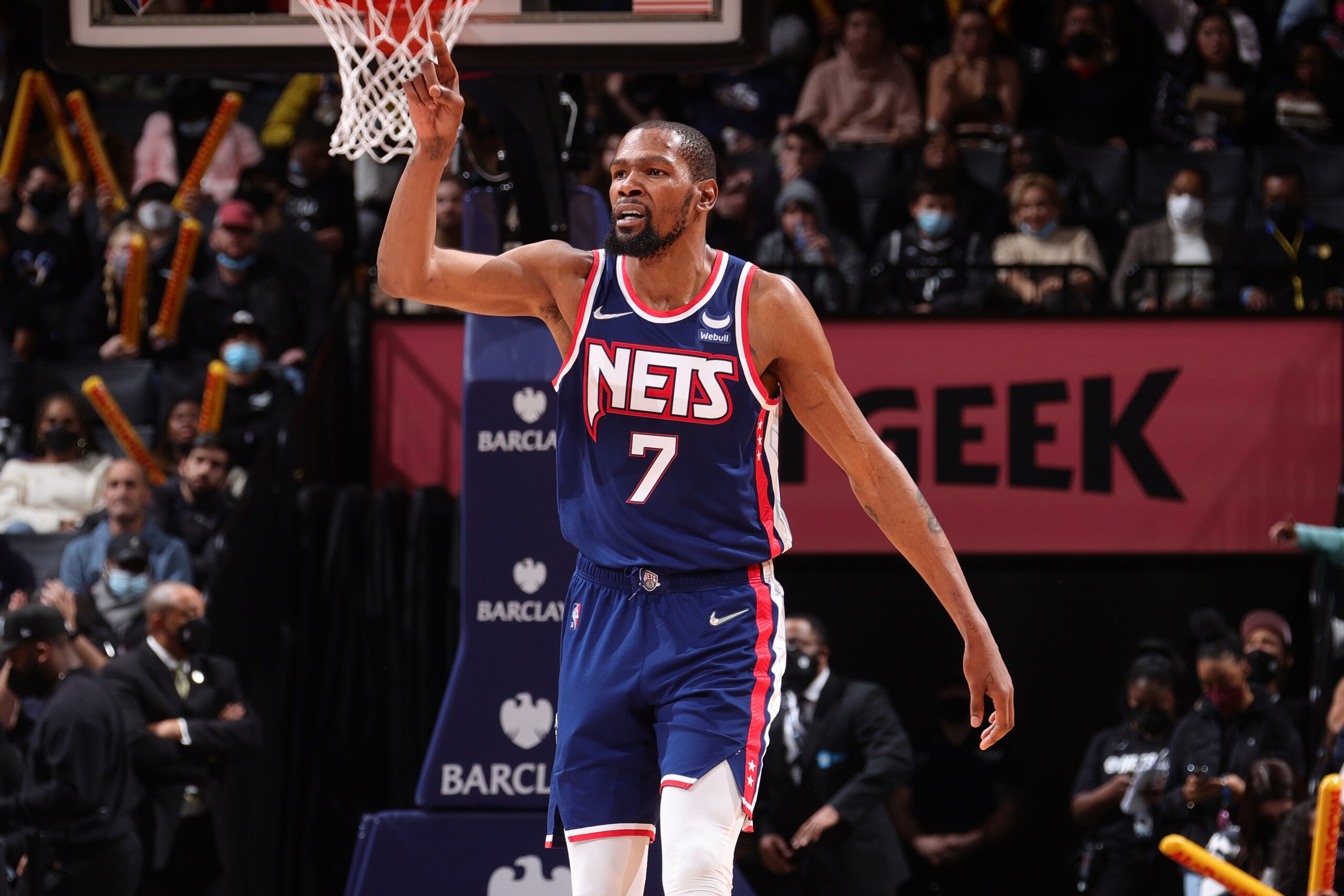 BROOKLYN, NY - JANUARY 1: Kevin Durant #7 of the Brooklyn Nets celebrates during the game against the LA Clippers on January 1, 2022 at Barclays Center in Brooklyn, New York. NOTE TO USER: User expressly acknowledges and agrees that, by downloading and or using this Photograph, user is consenting to the terms and conditions of the Getty Images License Agreement. Mandatory Copyright Notice: Copyright 2021 NBAE (Photo by Nathaniel S. Butler/NBAE via Getty Images)