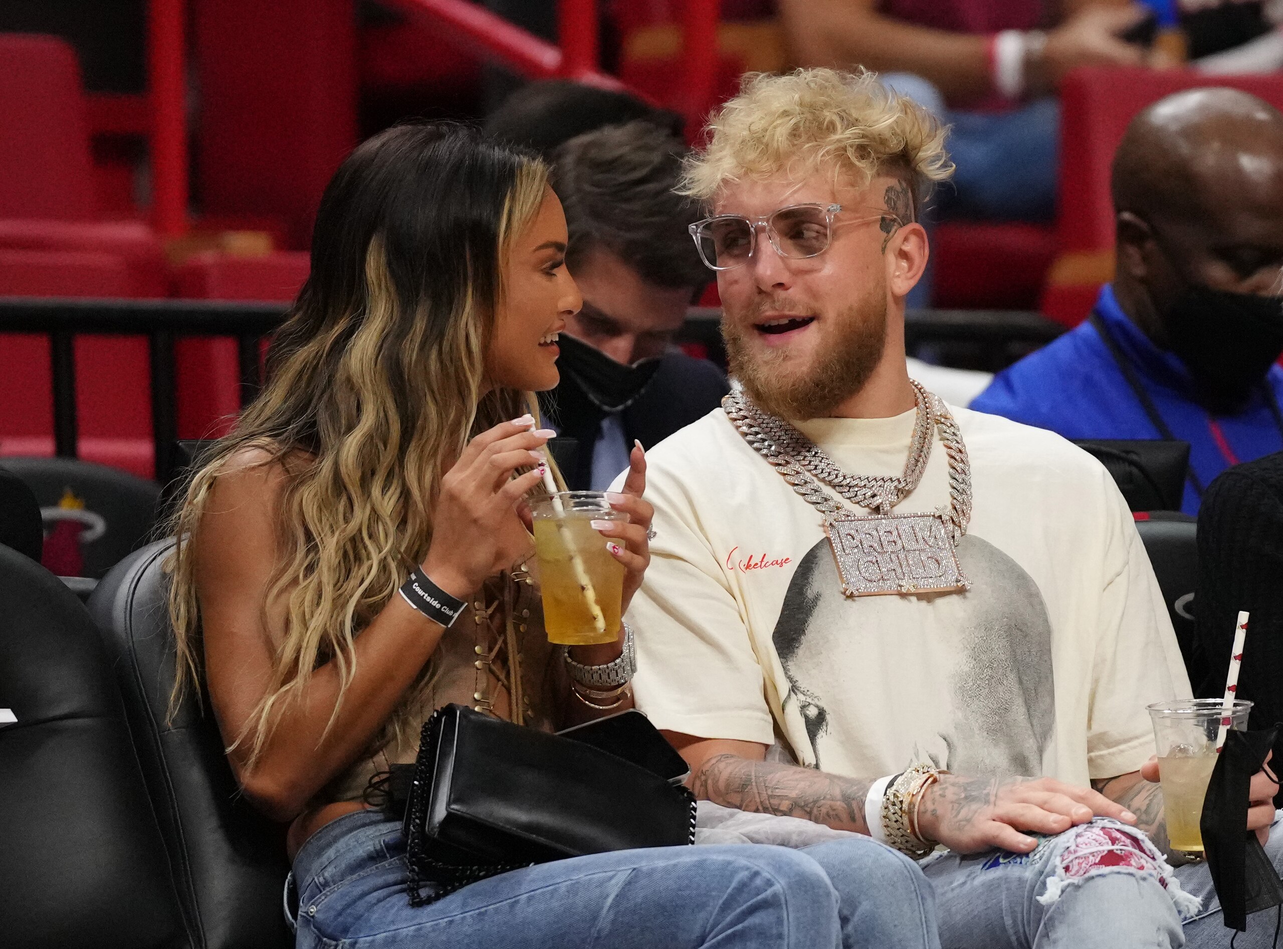 MIAMI, FLORIDA - DECEMBER 23: Jake Paul and his girlfriend Julia Rose attend the game between the Miami Heat and the Detroit Pistons at FTX Arena on December 23, 2021 in Miami, Florida. NOTE TO USER: User expressly acknowledges and agrees that, by downloading and or using this photograph, User is consenting to the terms and conditions of the Getty Images License Agreement. (Photo by Mark Brown/Getty Images)