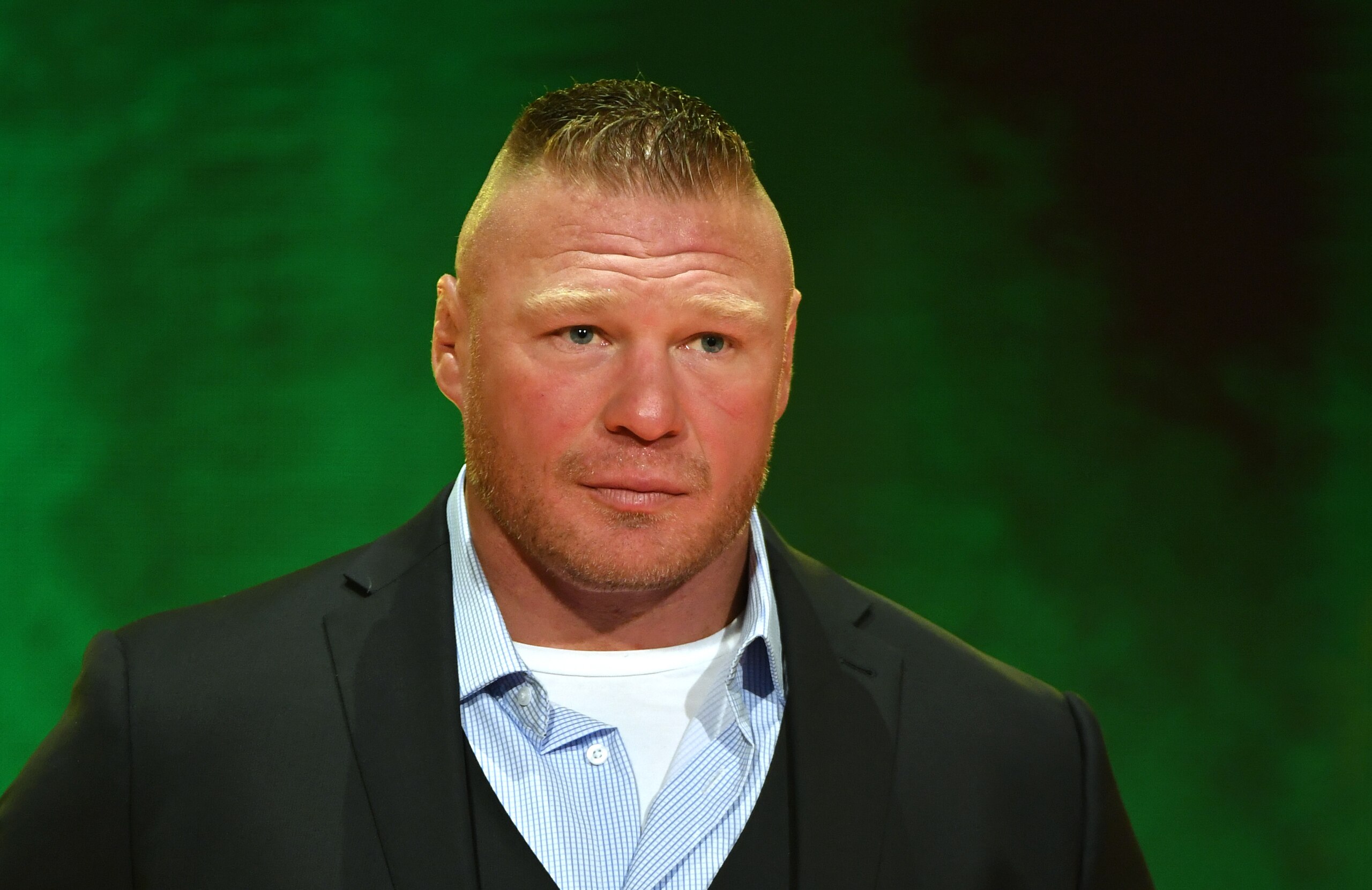LAS VEGAS, NEVADA - OCTOBER 11:  WWE champion Brock Lesnar speaks during a WWE news conference at T-Mobile Arena on October 11, 2019 in Las Vegas, Nevada. Lesnar will face former UFC heavyweight champion Cain Velasquez and WWE wrestler Braun Strowman will take on heavyweight boxer Tyson Fury at the WWE's Crown Jewel event at Fahd International Stadium in Riyadh, Saudi Arabia on October 31.  (Photo by Ethan Miller/Getty Images)