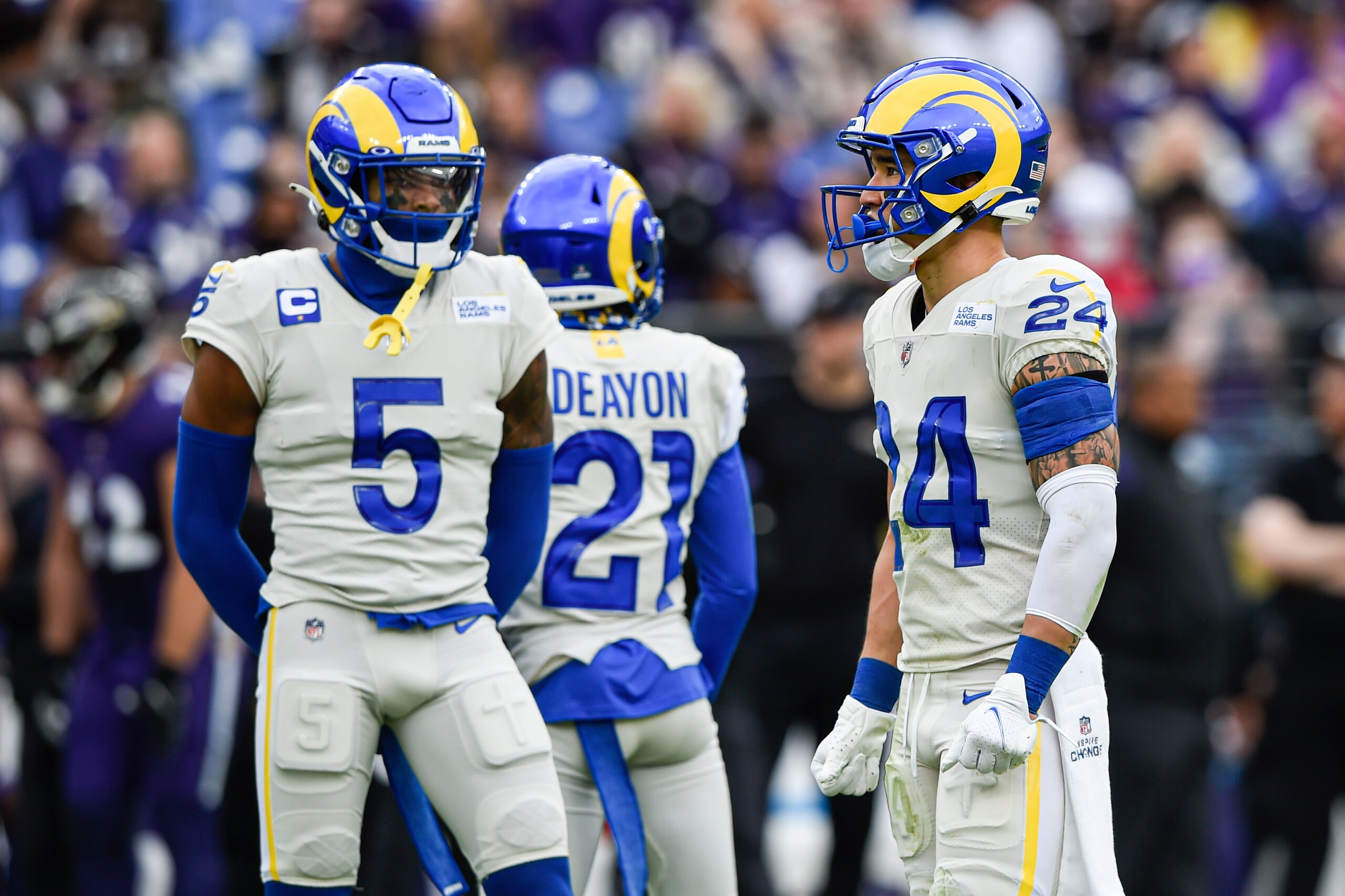 Los Angeles Rams cornerback Jalen Ramsey (5) looks in the direction of teammate free safety Taylor Rapp (24) during the first half of an NFL football game against the Baltimore Ravens, Sunday, Jan. 2, 2022, in Baltimore. Earlier in the first half, Ramsey threw a punch at Rapp after a play. (AP Photo/Gail Burton) Los Angeles Rams cornerback Jalen Ramsey (5) looks in the direction of teammate free safety Taylor Rapp (24) during the first half of an NFL football game against the Baltimore Ravens, Sunday, Jan. 2, 2022, in Baltimore. Earlier in the first half, Ramsey threw a punch at Rapp after a play. (AP Photo/Gail Burton)