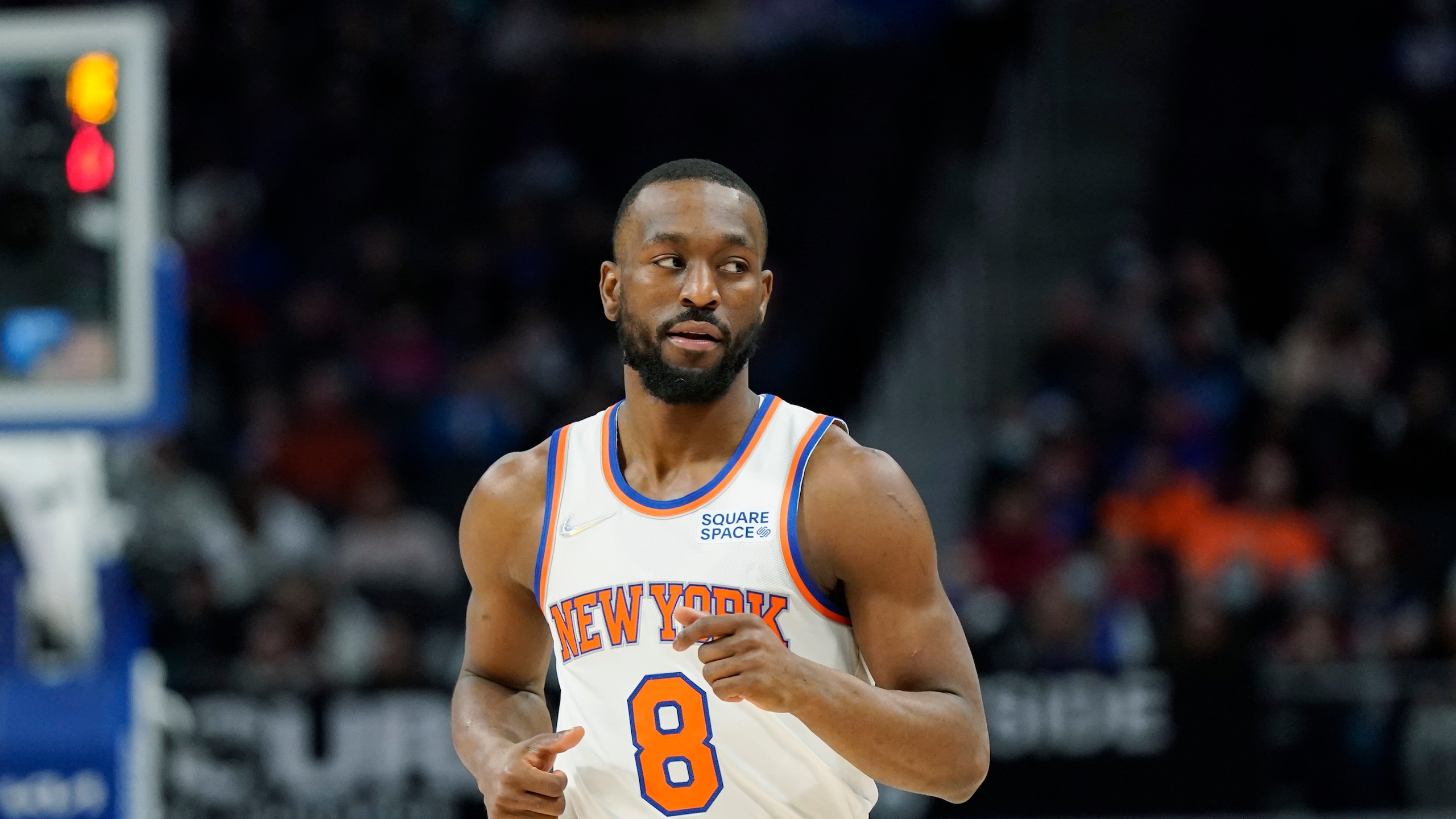 New York Knicks guard Kemba Walker plays during the second half of an NBA basketball game, Wednesday, Dec. 29, 2021, in Detroit. (AP Photo/Carlos Osorio)