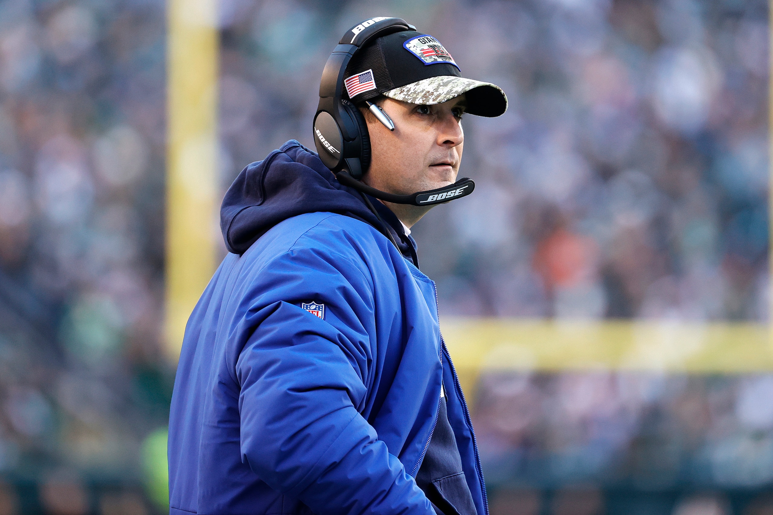 PHILADELPHIA, PENNSYLVANIA - DECEMBER 26: Head coach Joe Judge of the New York Giants looks on during the fourth quarter against the Philadelphia Eagles at Lincoln Financial Field on December 26, 2021 in Philadelphia, Pennsylvania. (Photo by Tim Nwachukwu/Getty Images) PHILADELPHIA, PENNSYLVANIA - DECEMBER 26: Head coach Joe Judge of the New York Giants looks on during the fourth quarter against the Philadelphia Eagles at Lincoln Financial Field on December 26, 2021 in Philadelphia, Pennsylvania. (Photo by Tim Nwachukwu/Getty Images)