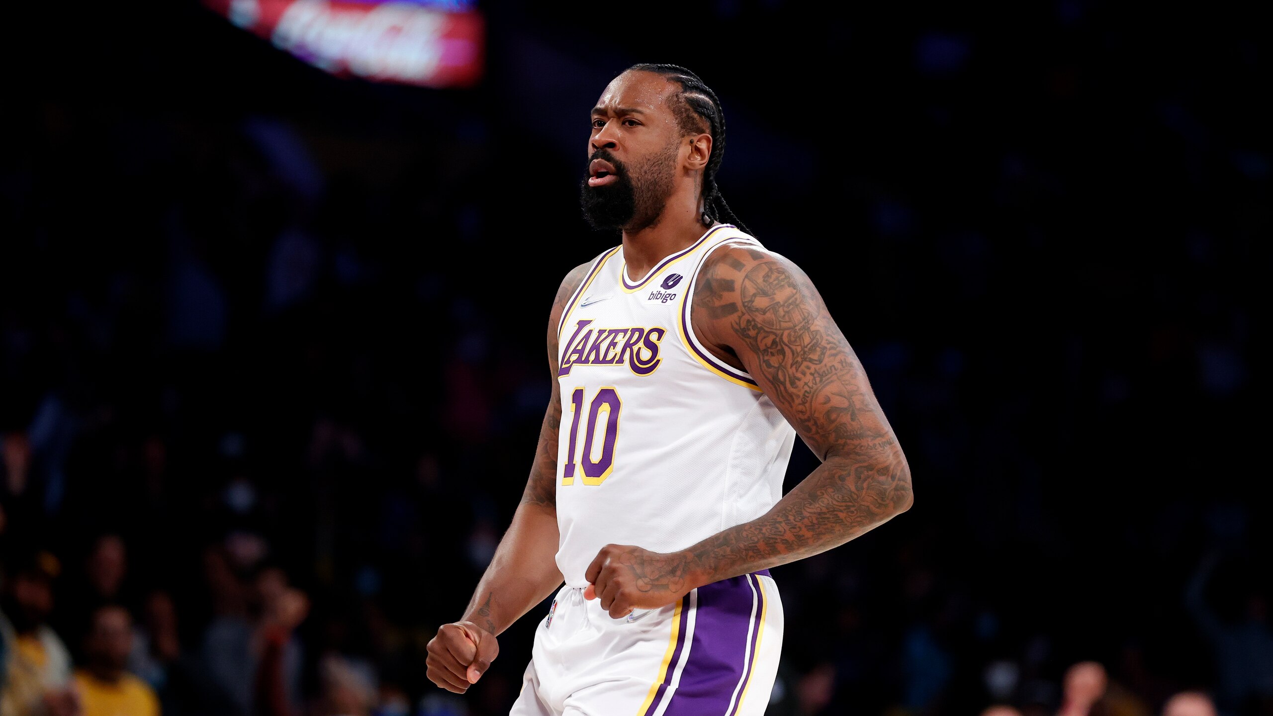 Los Angeles Lakers center DeAndre Jordan (10) reacts after makes a slam dunk against the Orlando Magic during the second half of an NBA basketball game in Los Angeles, Sunday, Dec. 12, 2021. The Lakers won 106-94. (AP Photo/Ringo H.W. Chiu) Los Angeles Lakers center DeAndre Jordan (10) reacts after makes a slam dunk against the Orlando Magic during the second half of an NBA basketball game in Los Angeles, Sunday, Dec. 12, 2021. The Lakers won 106-94. (AP Photo/Ringo H.W. Chiu)