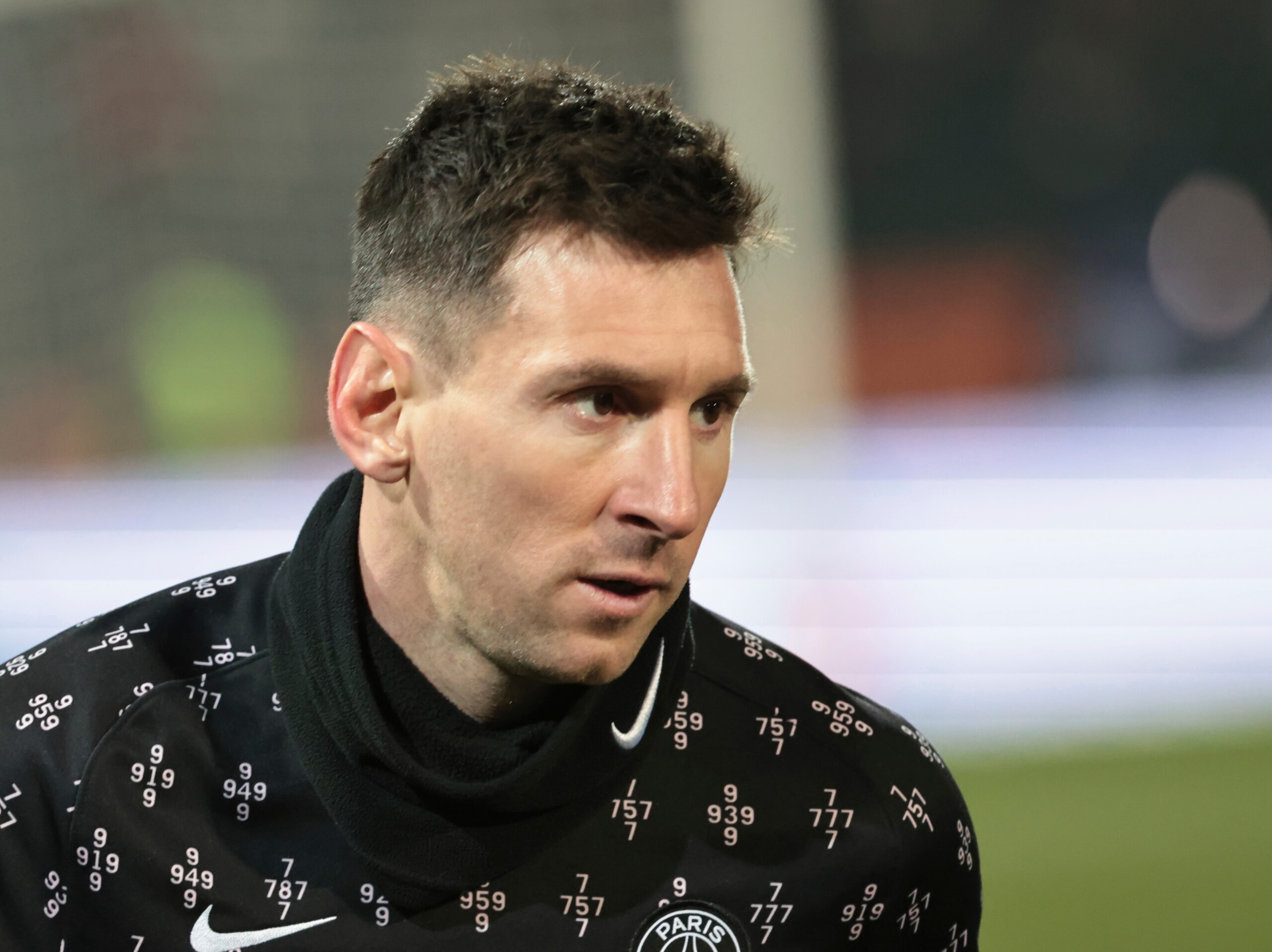 PSG's Lionel Messi warms up before the French League One soccer match between FC Lorient and Paris Saint-Germain at the Moustoir stadium in Lorient, western France, Wednesday, Dec. 22, 2021. (AP Photo/Jeremias Gonzalez)