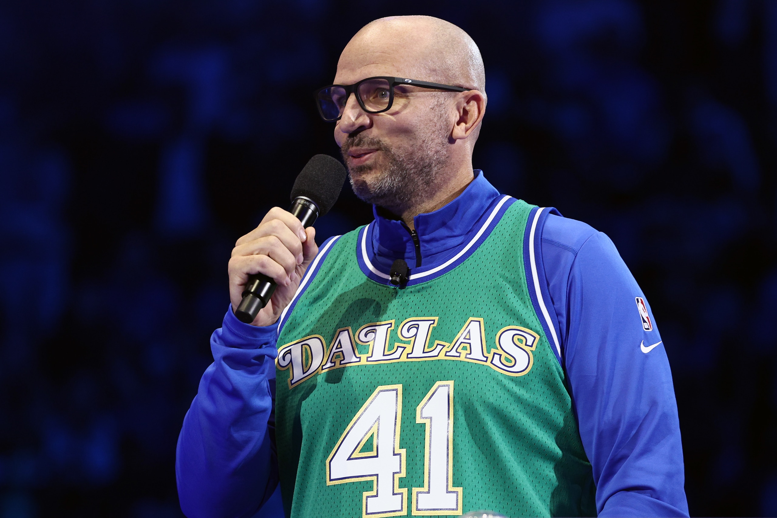 DALLAS, TEXAS - JANUARY 05: Head coach Jason Kidd participates in a ceremony honoring former teammate Dirk Nowitzki and retiring his No. 41 jersey at American Airlines Center on January 05, 2022 in Dallas, Texas.  NOTE TO USER: User expressly acknowledges and agrees that, by downloading and or using this photograph, User is consenting to the terms and conditions of the Getty Images License Agreement. (Photo by Tom Pennington/Getty Images)