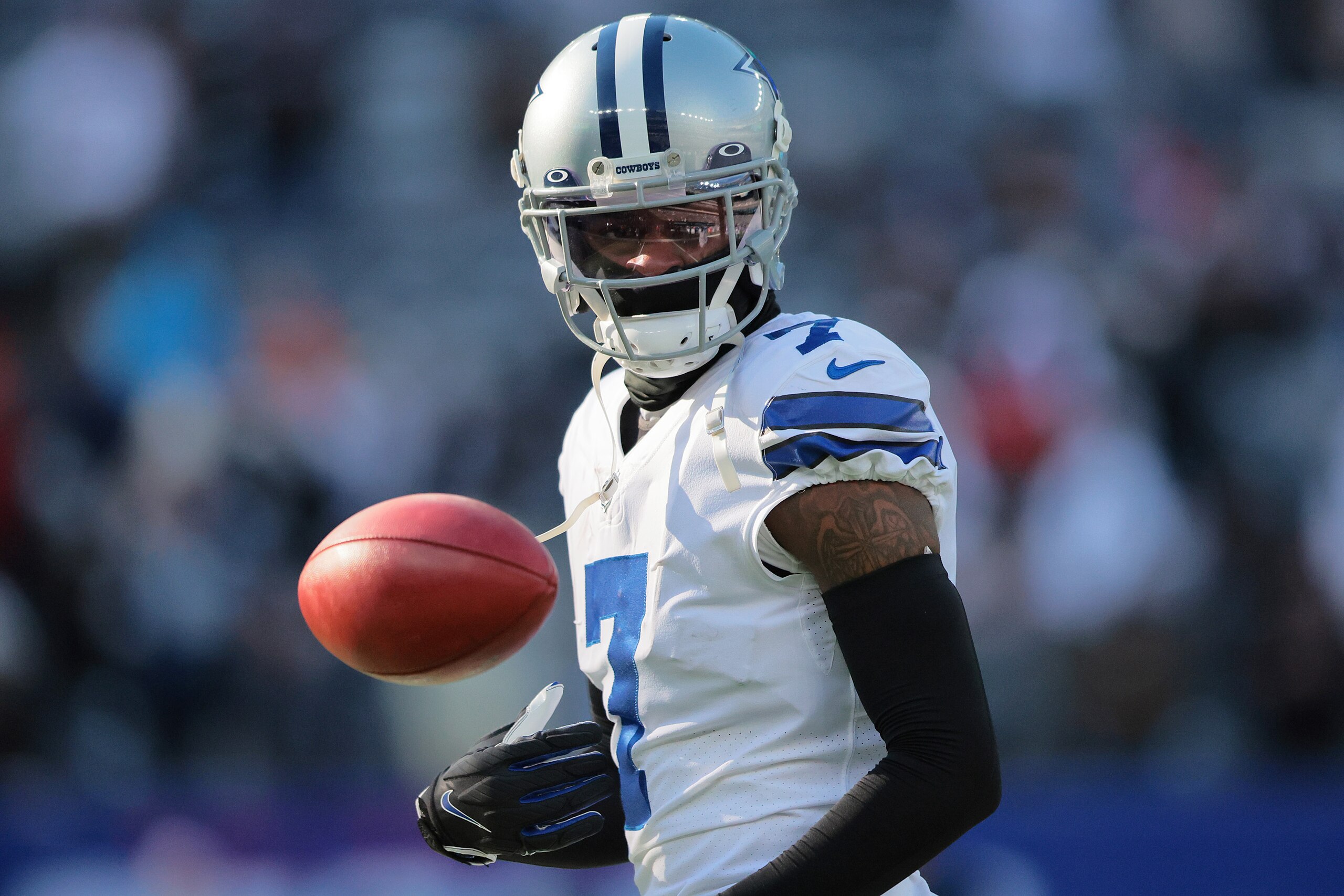 EAST RUTHERFORD, NEW JERSEY - DECEMBER 19: Trevon Diggs #7 of the Dallas Cowboys warms-up before the game against the New York Giants at MetLife Stadium on December 19, 2021 in East Rutherford, New Jersey. (Photo by Rey Del Rio/Getty Images)