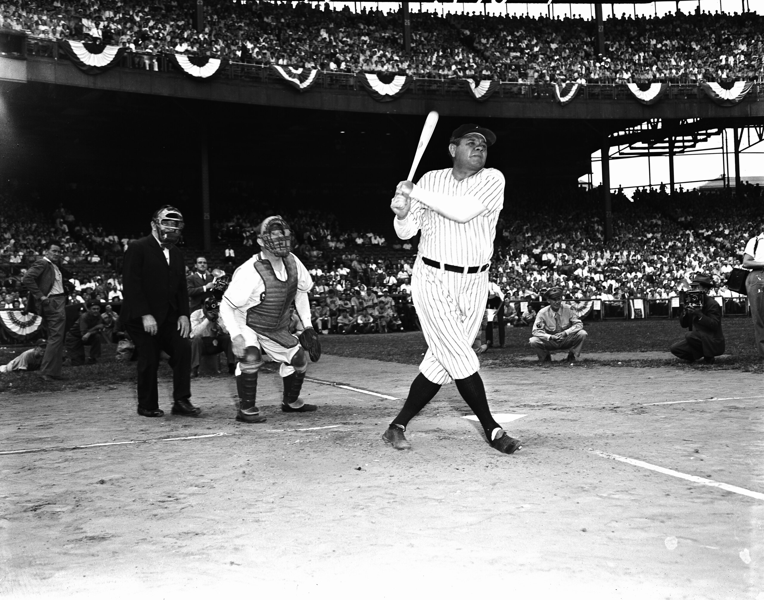 American baseball player Babe Ruth (1895 - 1948) swings his bat during the All-Star Game at the Polo Grounds, New York, New York, 1930s. (Photo by Irving Haberman/IH Images/Getty Images) American baseball player Babe Ruth (1895 - 1948) swings his bat during the All-Star Game at the Polo Grounds, New York, New York, 1930s. (Photo by Irving Haberman/IH Images/Getty Images)