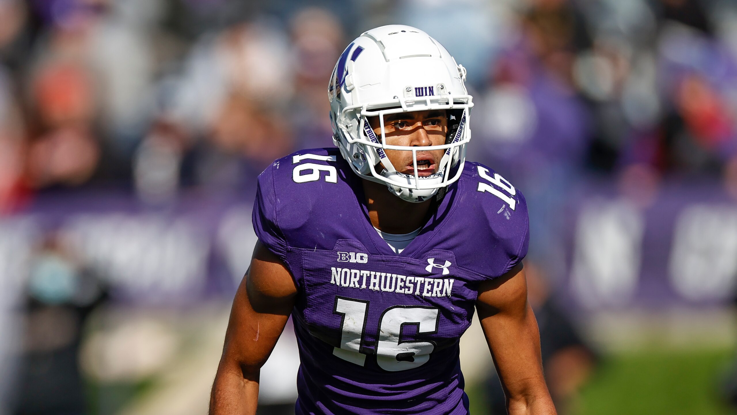 Northwestern Wildcats safety Brandon Joseph (16) defends during the second half of an NCAA football game against Rutgers Scarlet Knights on Saturday, Oct. 16, 2021, in Evanston, Ill. (AP Photo/Kamil Krzaczynski)