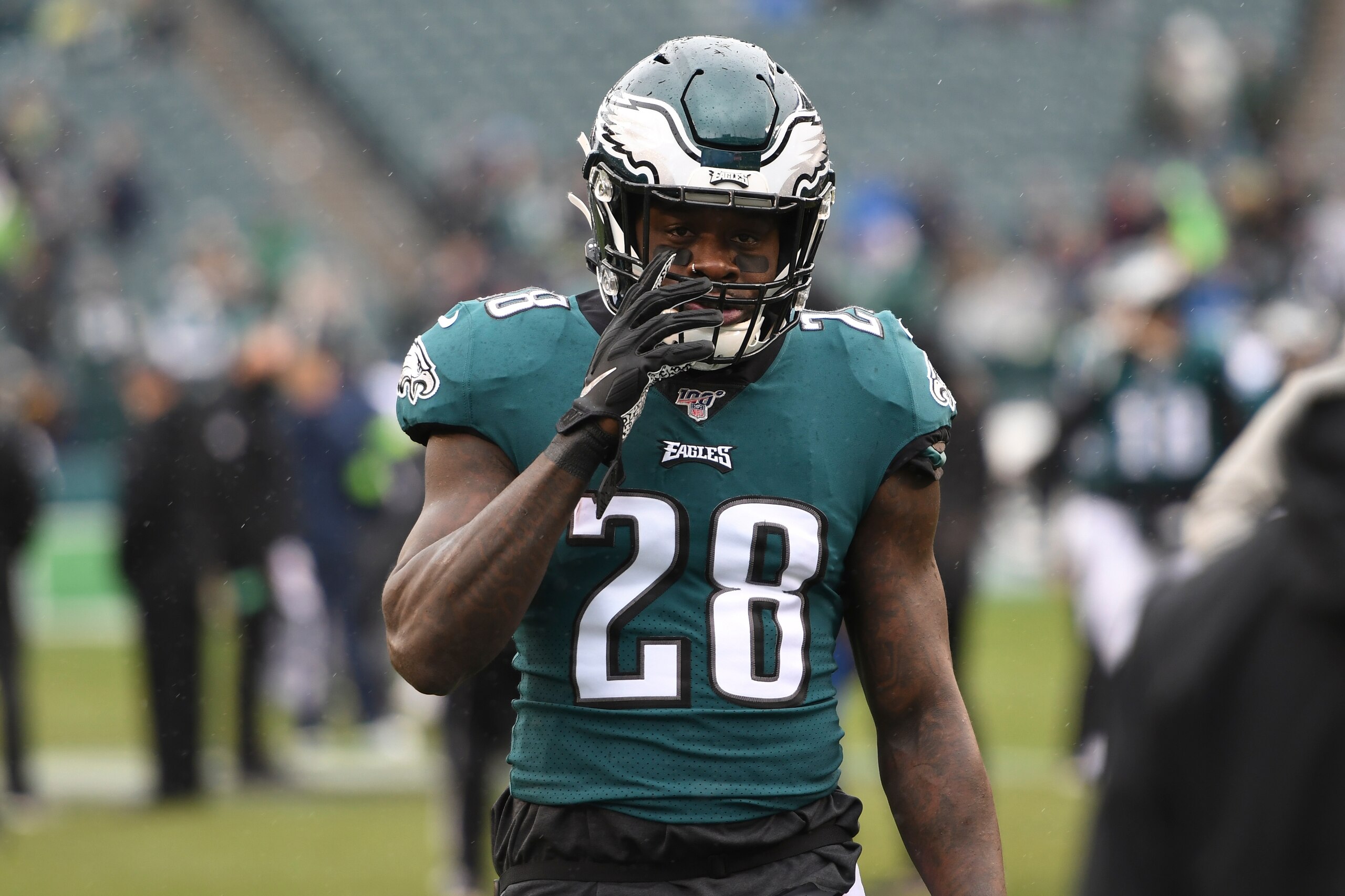 PHILADELPHIA, PA - NOVEMBER 24: Philadelphia Eagles Running Back Jay Ajayi (28) looks on during the game between the Seattle Seahawks and the Philadelphia Eagles on November 24, 2019 at Lincoln Financial Field in Philadelphia PA.(Photo by Andy Lewis/Icon Sportswire via Getty Images) PHILADELPHIA, PA - NOVEMBER 24: Philadelphia Eagles Running Back Jay Ajayi (28) looks on during the game between the Seattle Seahawks and the Philadelphia Eagles on November 24, 2019 at Lincoln Financial Field in Philadelphia PA.(Photo by Andy Lewis/Icon Sportswire via Getty Images)