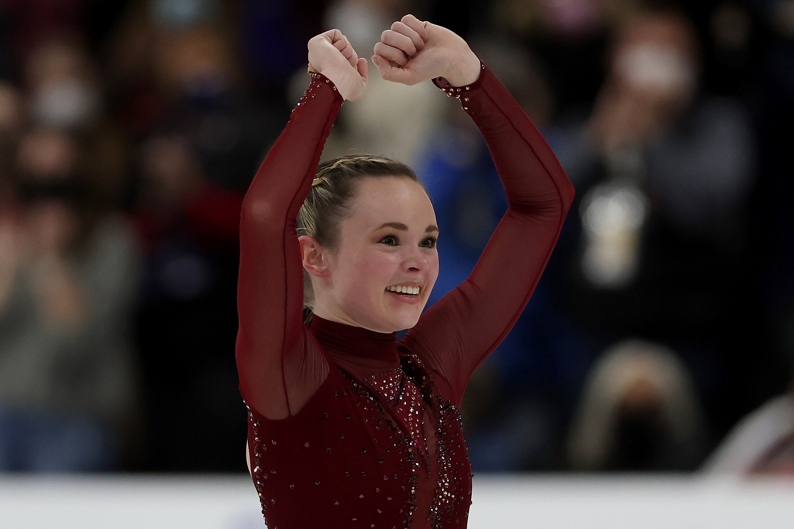 NASHVILLE, TENNESSEE - JANUARY 07: Mariah Bell reacts after skating in the Ladies Free Skate during the U.S. Figure Skating Championships at Bridgestone Arena on January 07, 2022 in Nashville, Tennessee. (Photo by Matthew Stockman/Getty Images)
