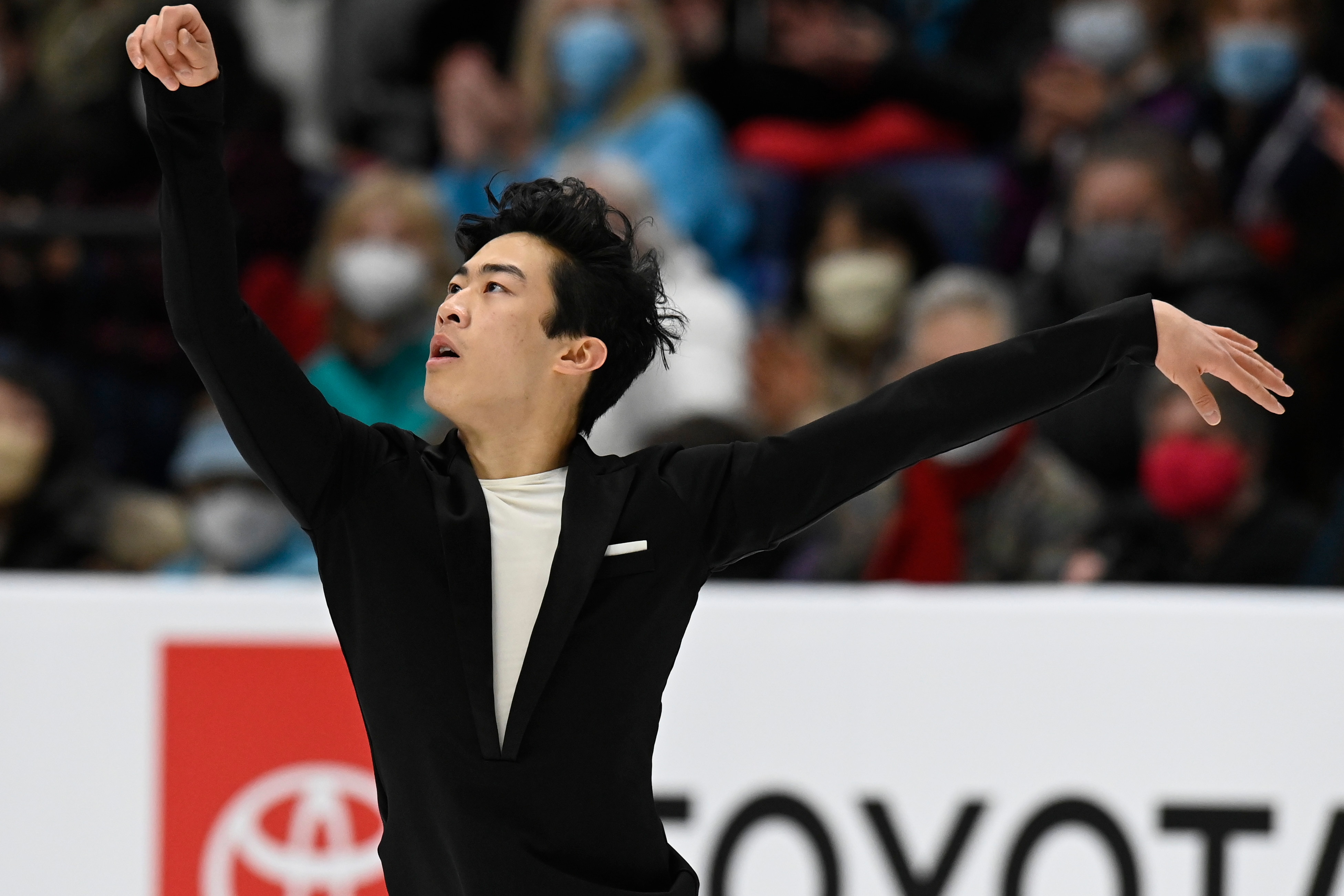 Nathan Chen competes in the men's short program during the U.S. Figure Skating Championships Saturday, Jan. 8, 2022, in Nashville, Tenn. (AP Photo/Mark Zaleski)