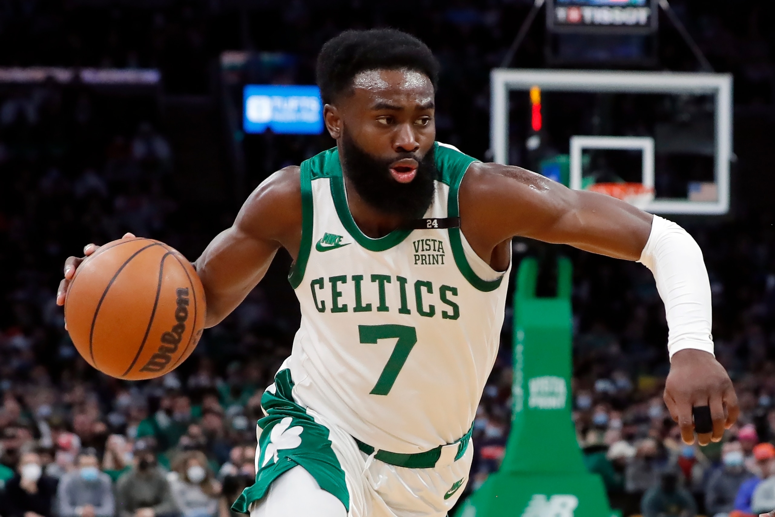 Boston Celtics' Jaylen Brown plays against the New York Knicks during the first half of an NBA basketball game, Saturday, Jan 8, 2022, in Boston. (AP Photo/Michael Dwyer)