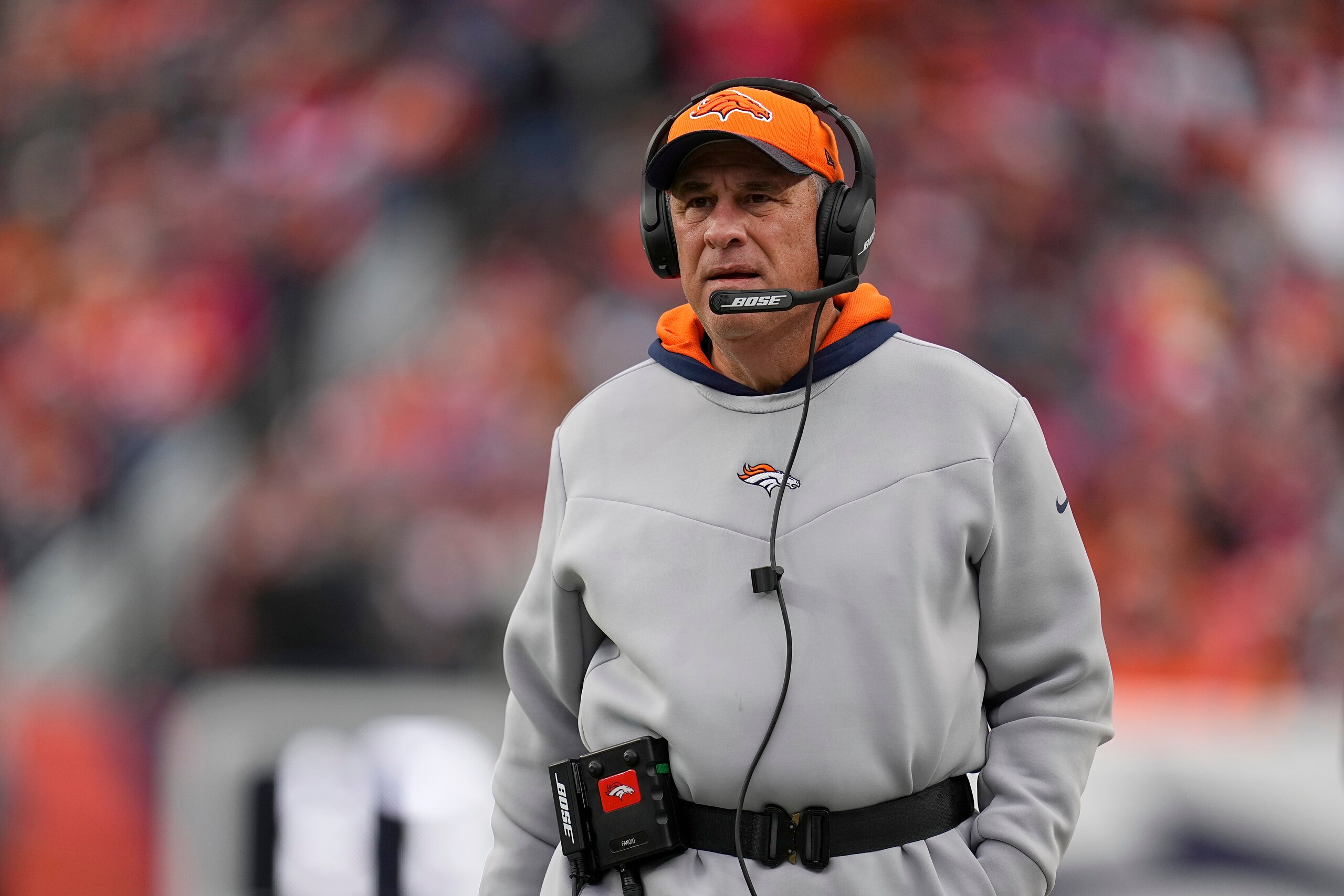 Denver Broncos head coach Vic Fangio watches during the first half of his team's NFL football game against the Kansas City Chiefs Saturday, Jan. 8, 2022, in Denver. (AP Photo/Jack Dempsey)
