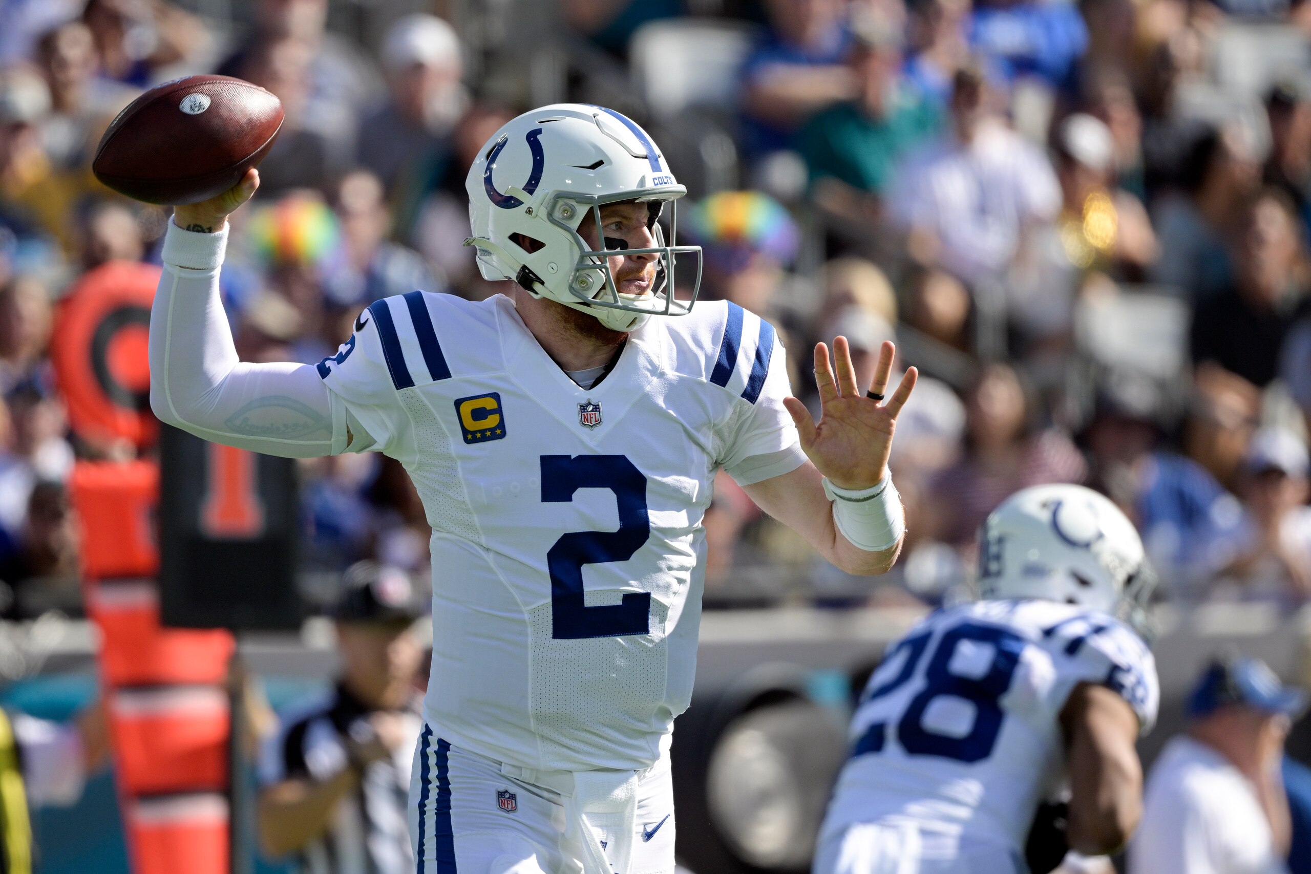 Indianapolis Colts quarterback Carson Wentz (2) throws a pass against the Jacksonville Jaguars during the first half of an NFL football game, Sunday, Jan. 9, 2022, in Jacksonville, Fla. (AP Photo/Phelan M. Ebenhack)