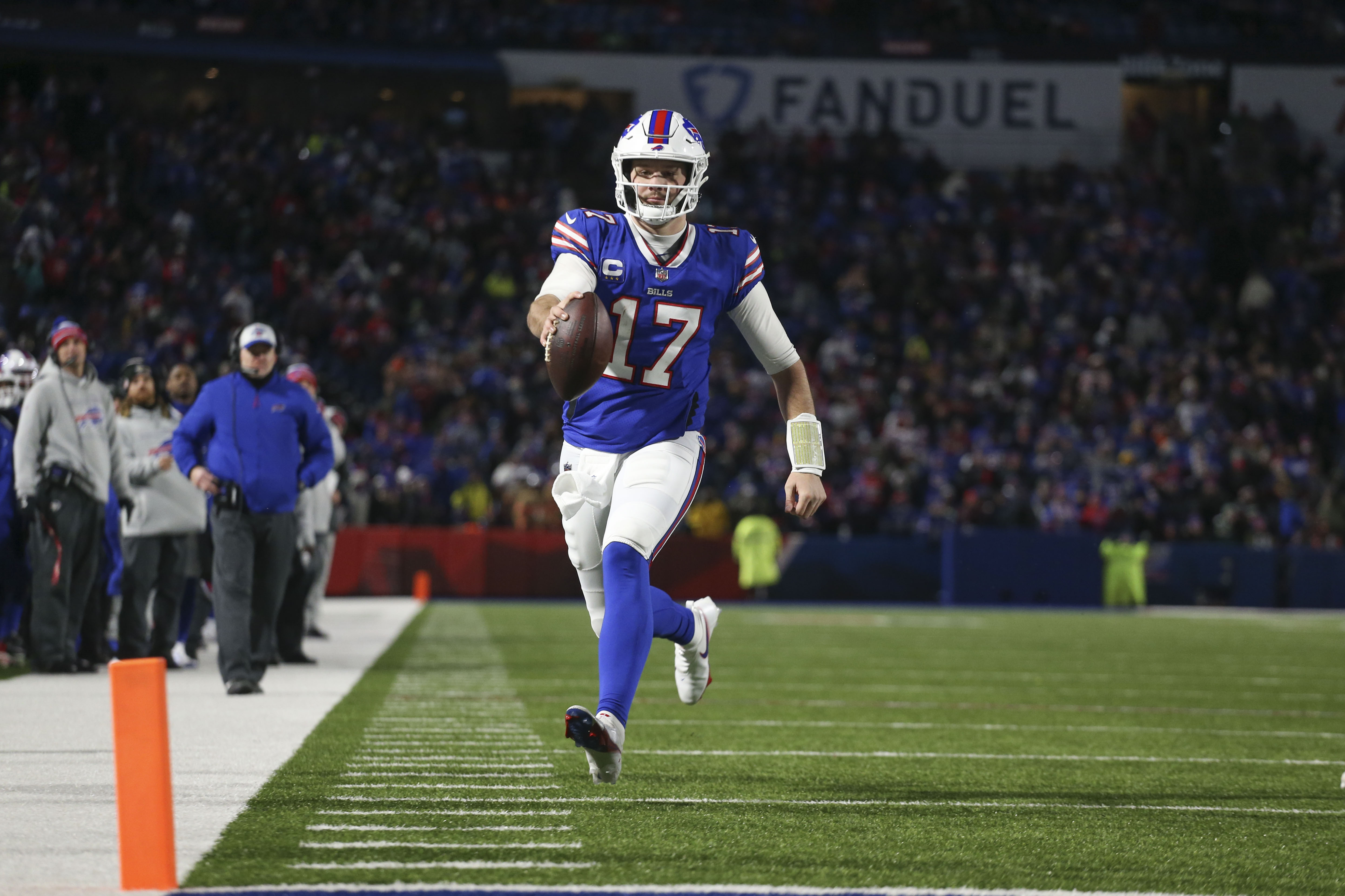 Buffalo Bills quarterback Josh Allen stretches for, but doesn't make, a touchdown during the second half of an NFL football game against the New York Jets, Sunday, Jan. 9, 2022, in Orchard Park, N.Y. (AP Photo/Joshua Bessex)
