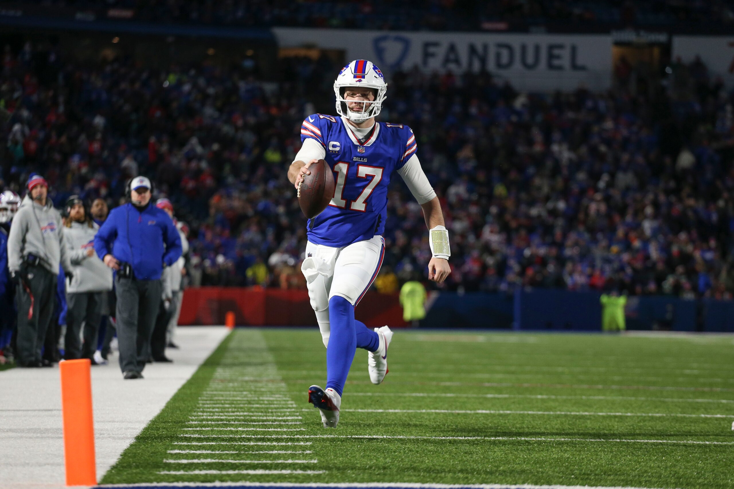 Buffalo Bills quarterback Josh Allen stretches for, but doesn't make, a touchdown during the second half of an NFL football game against the New York Jets, Sunday, Jan. 9, 2022, in Orchard Park, N.Y. (AP Photo/Joshua Bessex)
