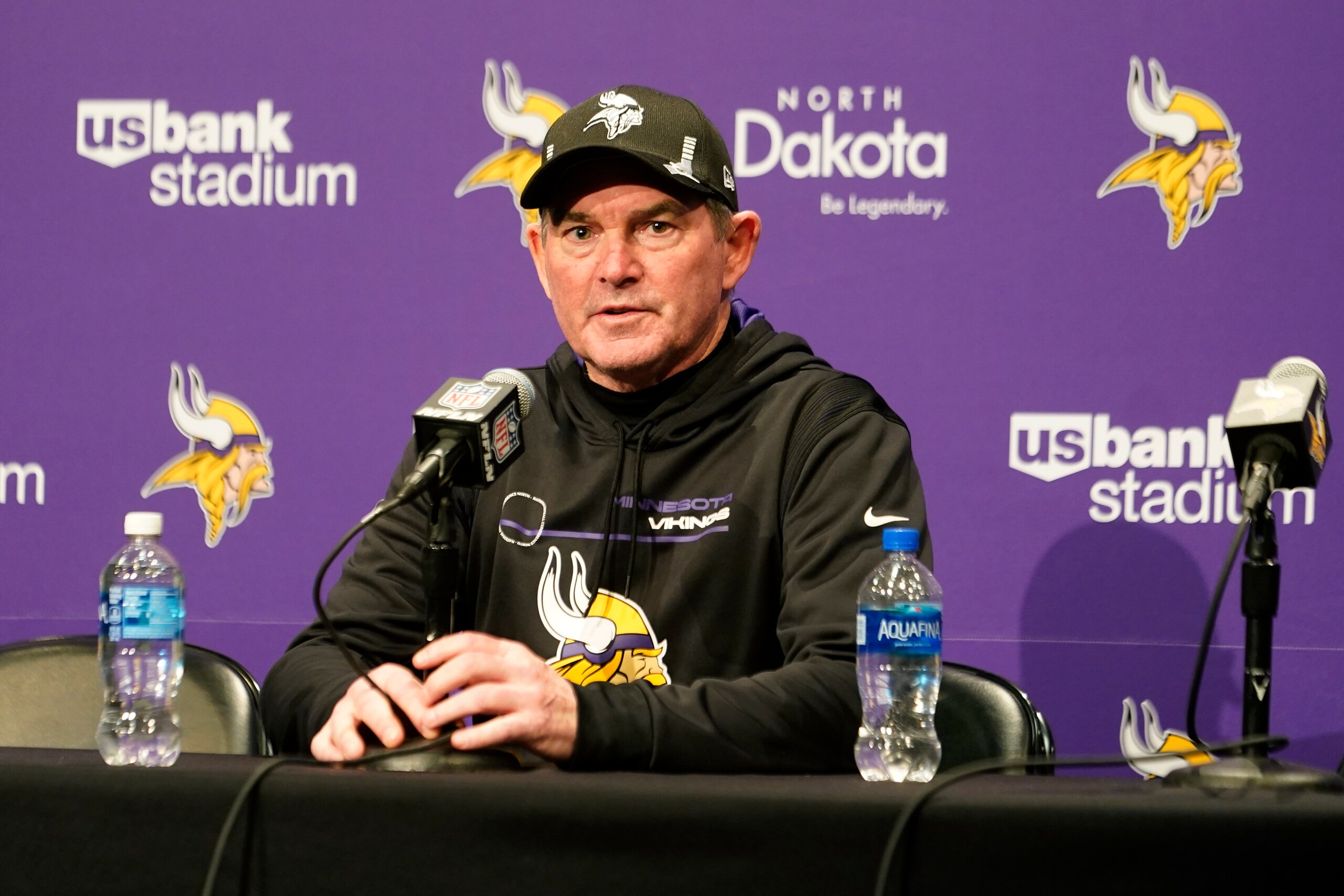 Minnesota Vikings head coach Mike Zimmer speaks during a news conference after an NFL football game against the Chicago Bears, Sunday, Jan. 9, 2022, in Minneapolis. The Vikings won 31-17. (AP Photo/Jim Mone)
