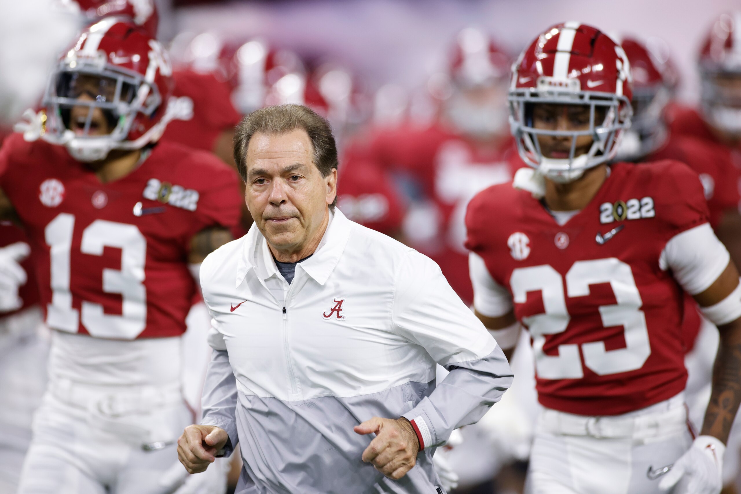 INDIANAPOLIS, IN - JANUARY 10: Alabama Crimson Tide head coach Nick Saban leads his team to the field prior to the CFP National Championship college football game against the Georgia Bulldogs on Jan. 10, 2022 at Lucas Oil Stadium in Indianapolis, Indiana. (Photo by Joe Robbins/Icon Sportswire via Getty Images)
