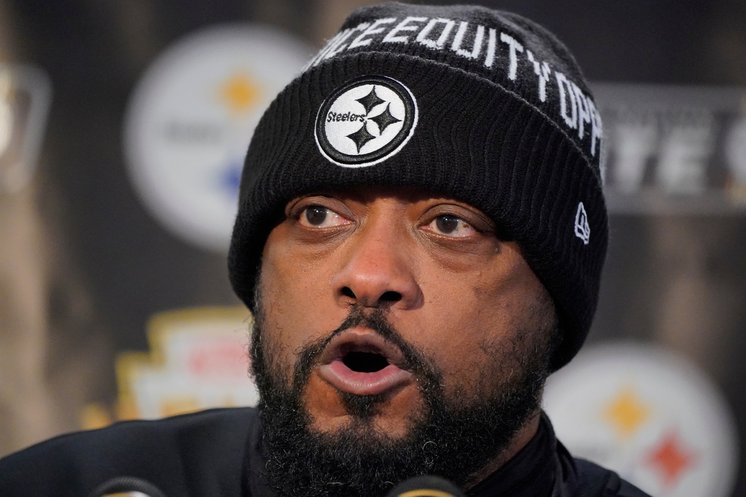 Pittsburgh Steelers head coach Mike Tomlin meets with reporters after an NFL football game against the Cleveland Browns in Pittsburgh, Tuesday, Jan. 4, 2022. The Steelers won 26-14. (AP Photo/Gene J. Puskar)