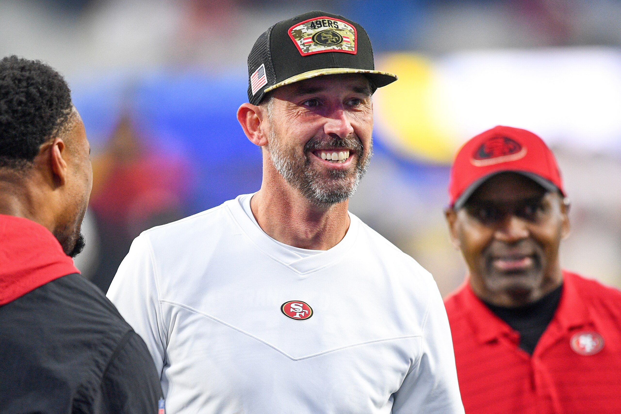 INGLEWOOD, CA - JANUARY 09: San Francisco 49ers head coach Kyle Shanahan celebrates after the NFL game between the San Francisco 49ers and the Los Angeles Rams on January 9, 2022, at SoFi Stadium in Inglewood, CA. (Photo by Brian Rothmuller/Icon Sportswire via Getty Images)