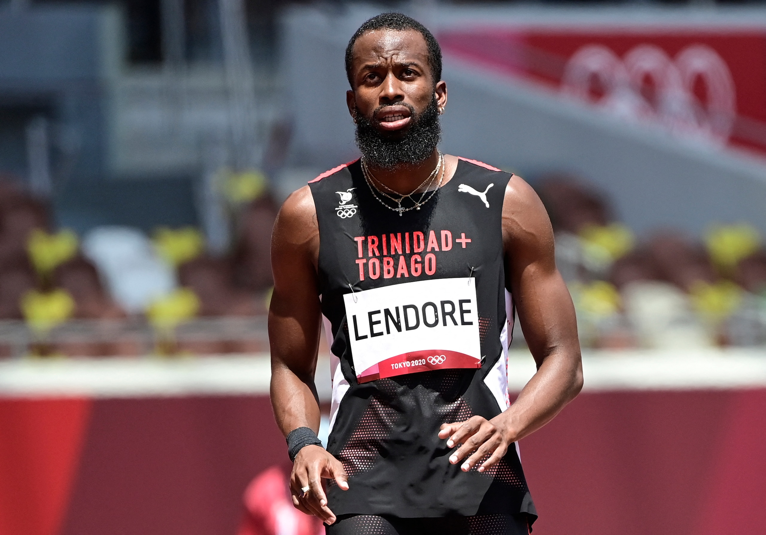 Trinidad and Tobago's Deon Lendore reacts after taking second place in the men's 400m heats during the Tokyo 2020 Olympic Games at the Olympic Stadium in Tokyo on August 1, 2021. (Photo by Javier SORIANO / AFP) (Photo by JAVIER SORIANO/AFP via Getty Images)