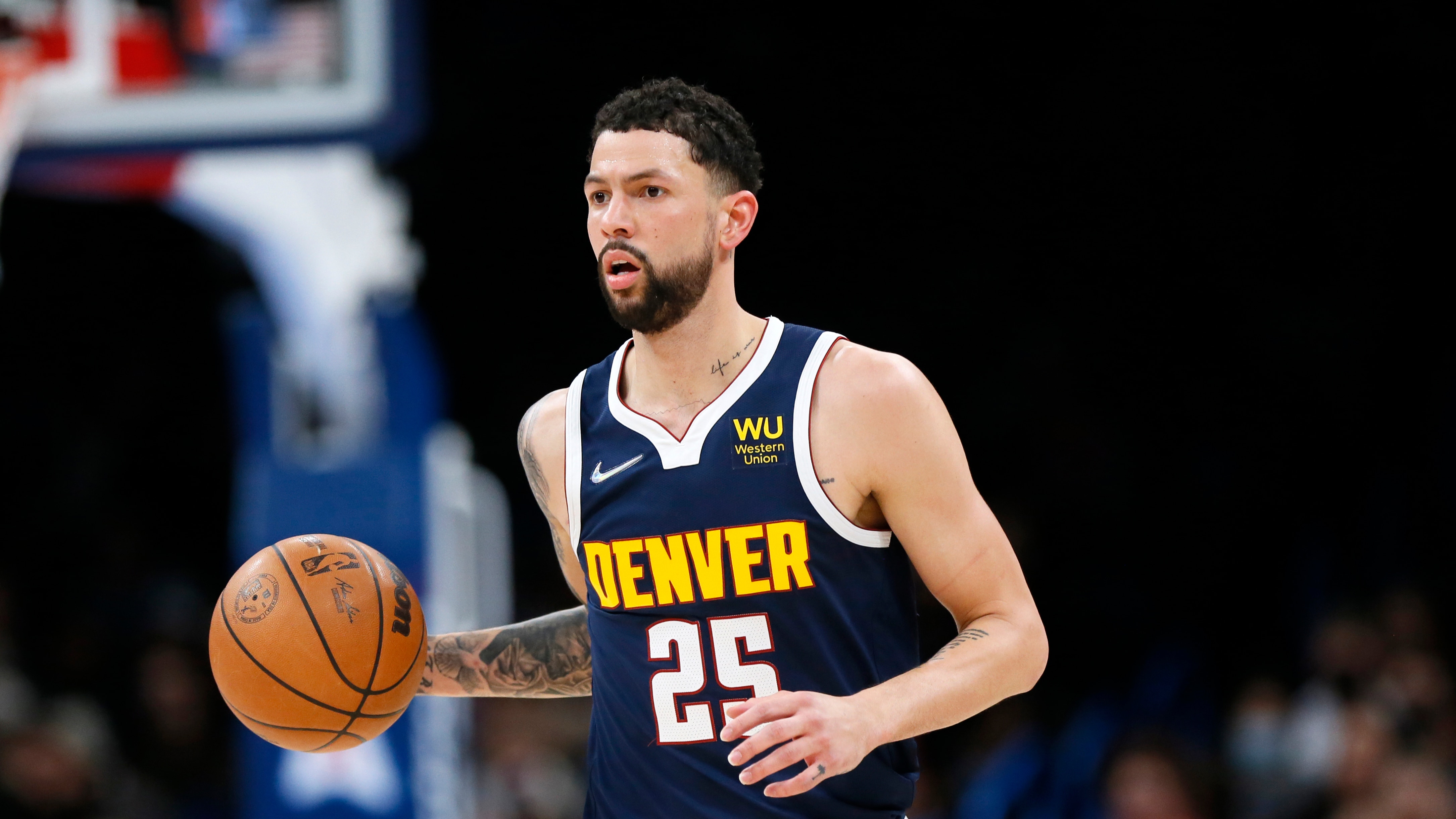 Denver Nuggets guard Austin Rivers (25) in the first half of an NBA basketball game Sunday, Jan. 9, 2022, in Oklahoma City. (AP Photo/Nate Billings)