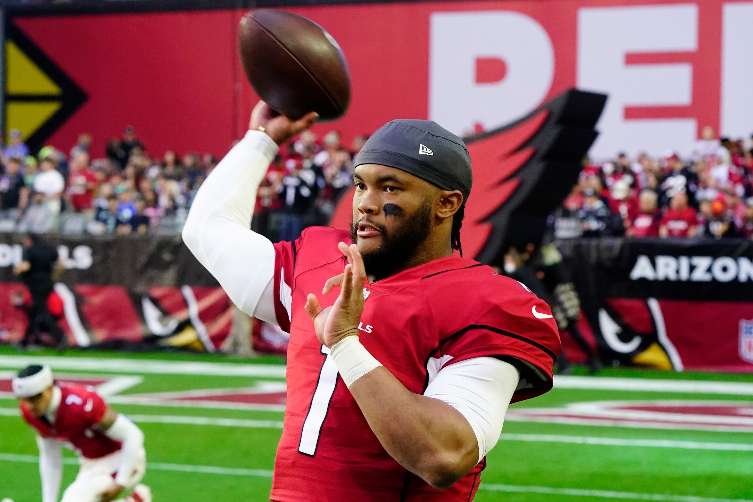 Arizona Cardinals quarterback Kyler Murray warms up prior to an NFL football game against the Seattle Seahawks Sunday, Jan. 9, 2022, in Glendale, Ariz. (AP Photo/Darryl Webb)