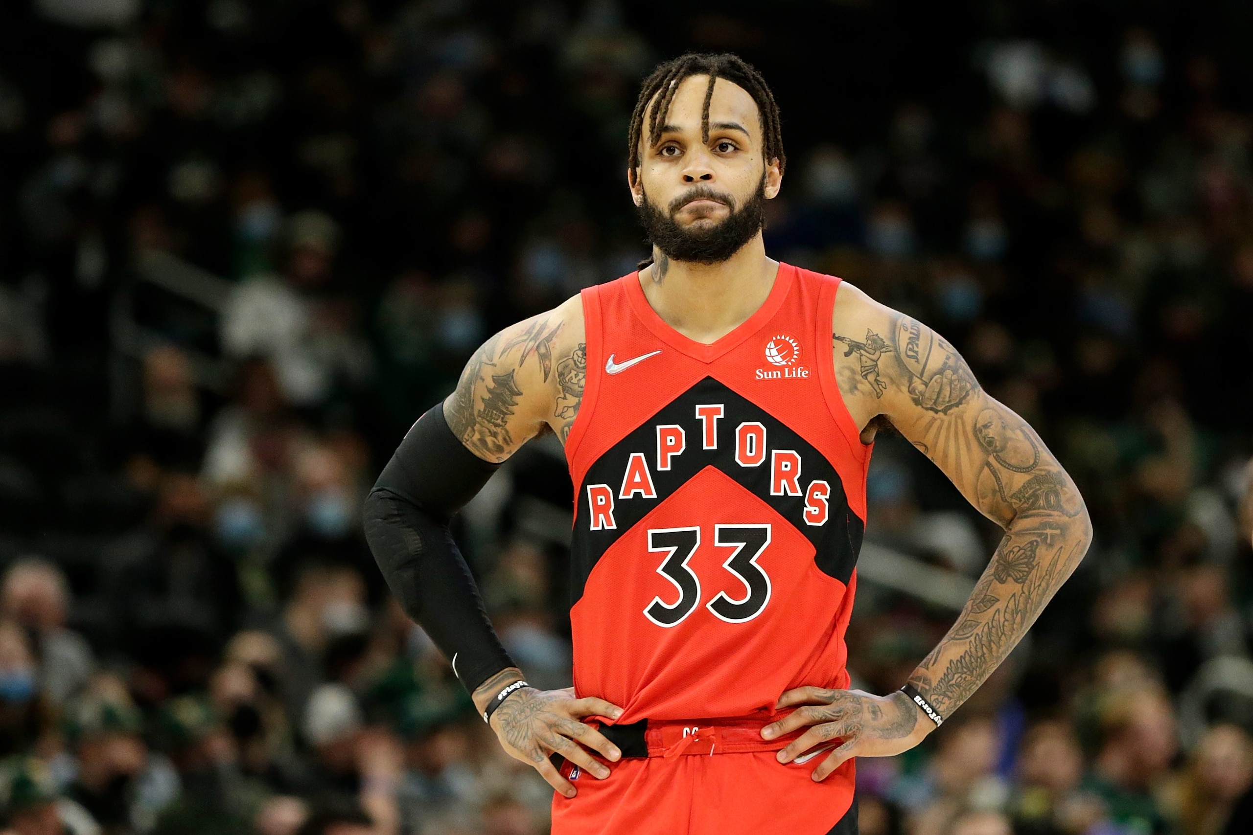 MILWAUKEE, WISCONSIN - JANUARY 05: Gary Trent Jr. #33 of the Toronto Raptors looks on during the first half of the game against the Milwaukee Bucks at Fiserv Forum on January 05, 2022 in Milwaukee, Wisconsin. Raptors defeated the Bucks 117-111. NOTE TO USER: User expressly acknowledges and agrees that, by downloading and or using this photograph, User is consenting to the terms and conditions of the Getty Images License Agreement. (Photo by John Fisher/Getty Images)