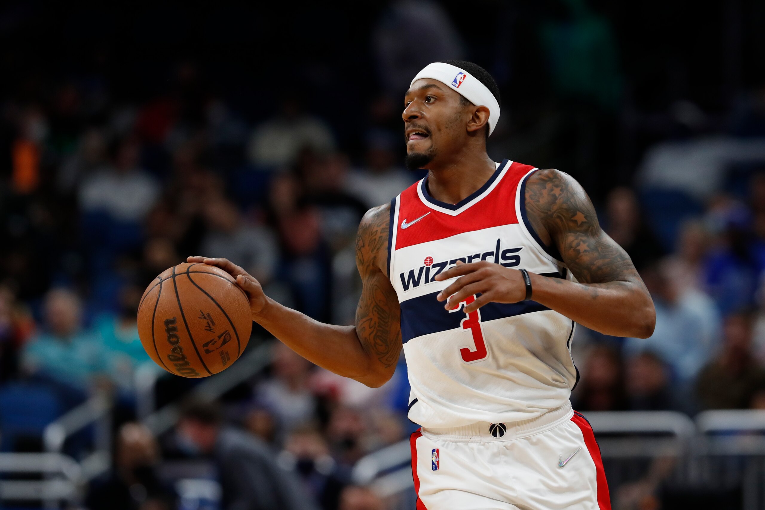 Washington Wizards guard Bradley Beal (3) dribbles the ball against the Orlando Magic during the first half of an NBA basketball game Sunday Jan. 9, 2022, in Orlando, Fla. (AP Photo/Scott Audette)