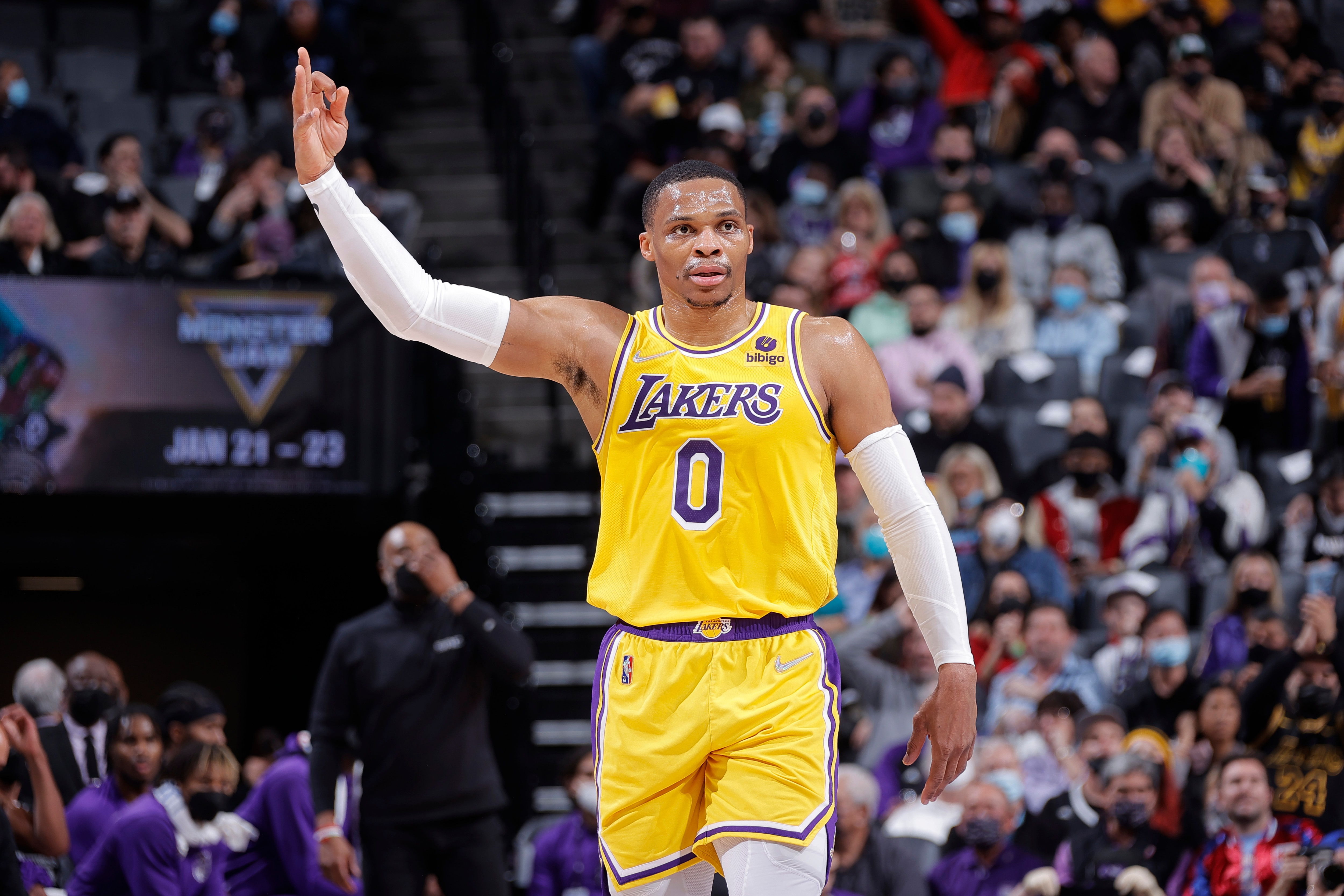 SACRAMENTO, CA - JANUARY 12: Russell Westbrook #0 of the Los Angeles Lakers looks on during the game against the Sacramento Kings on January 12, 2022 at Golden 1 Center in Sacramento, California. NOTE TO USER: User expressly acknowledges and agrees that, by downloading and or using this Photograph, user is consenting to the terms and conditions of the Getty Images License Agreement. Mandatory Copyright Notice: Copyright 2022 NBAE (Photo by Rocky Widner/NBAE via Getty Images)