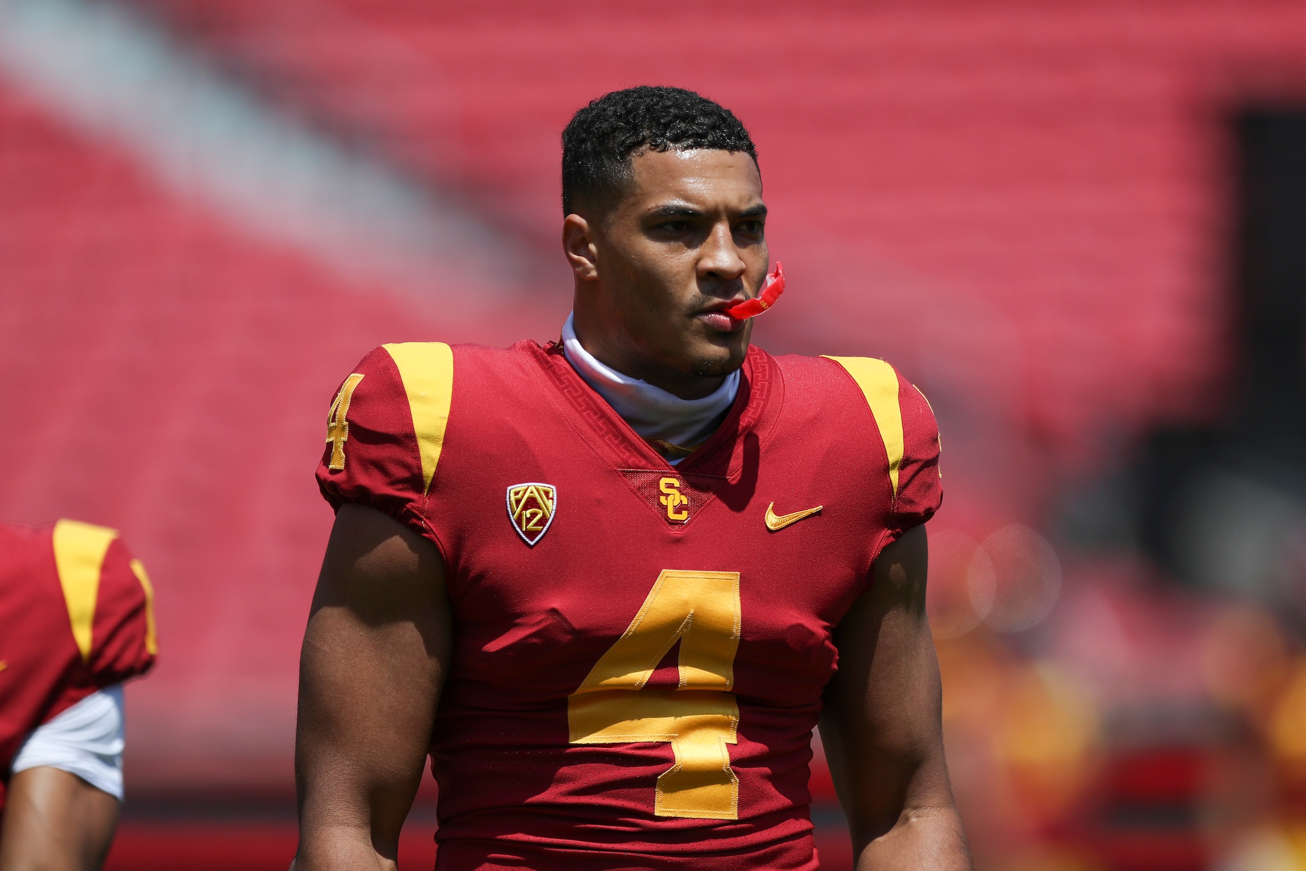 LOS ANGELES, CALIFORNIA - APRIL 17: Wide receiver Bru McCoy #4 of the USC Trojans warms up before the spring game at Los Angeles Coliseum on April 17, 2021 in Los Angeles, California. (Photo by Meg Oliphant/Getty Images) LOS ANGELES, CALIFORNIA - APRIL 17: Wide receiver Bru McCoy #4 of the USC Trojans warms up before the spring game at Los Angeles Coliseum on April 17, 2021 in Los Angeles, California. (Photo by Meg Oliphant/Getty Images)