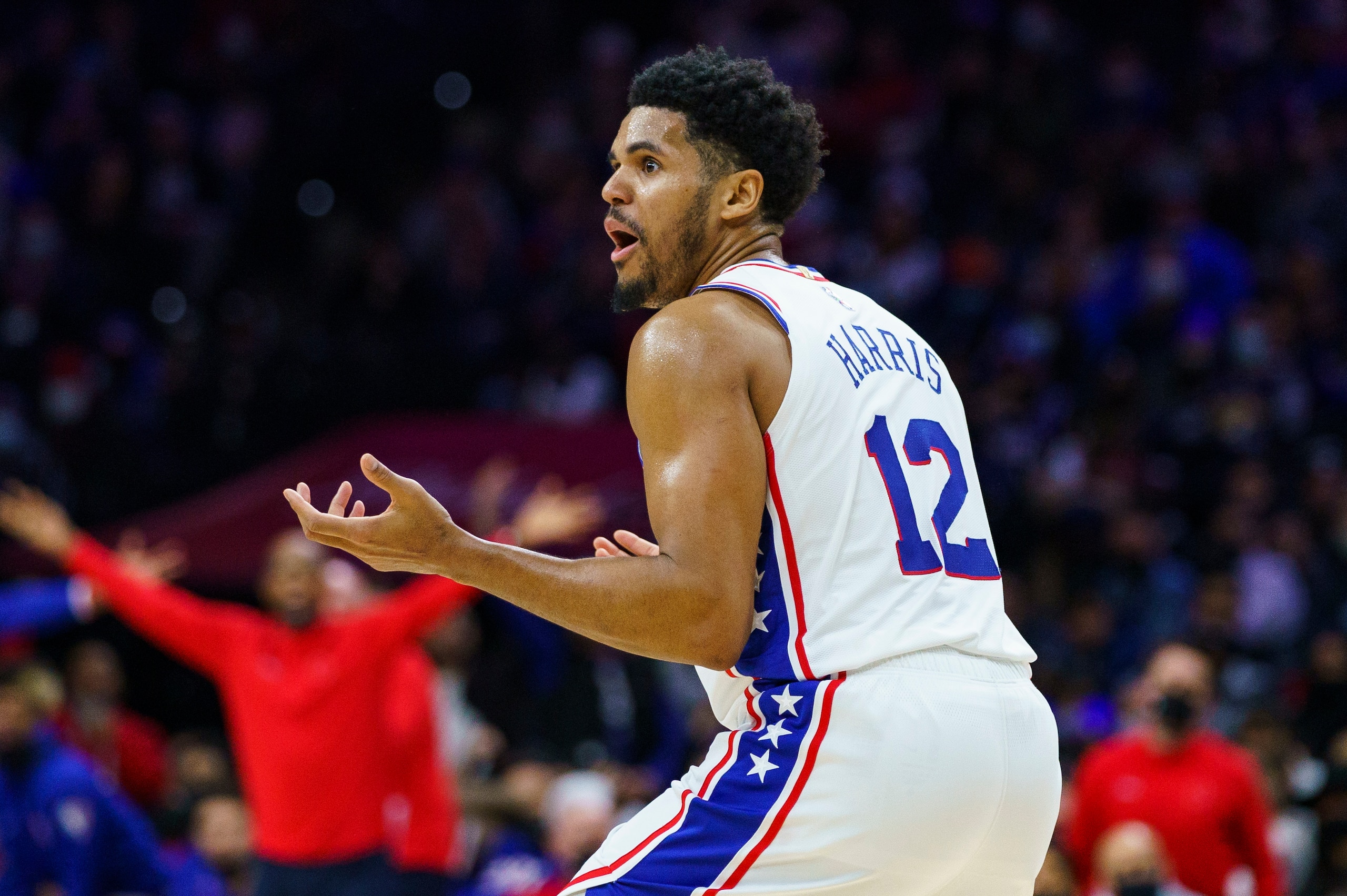 Philadelphia 76ers' Tobias Harris reacts to the foul called against him during the second half of an NBA basketball game against the Charlotte Hornets, Wednesday, Jan. 12, 2022, in Philadelphia. The Hornets won 109-98. (AP Photo/Chris Szagola)