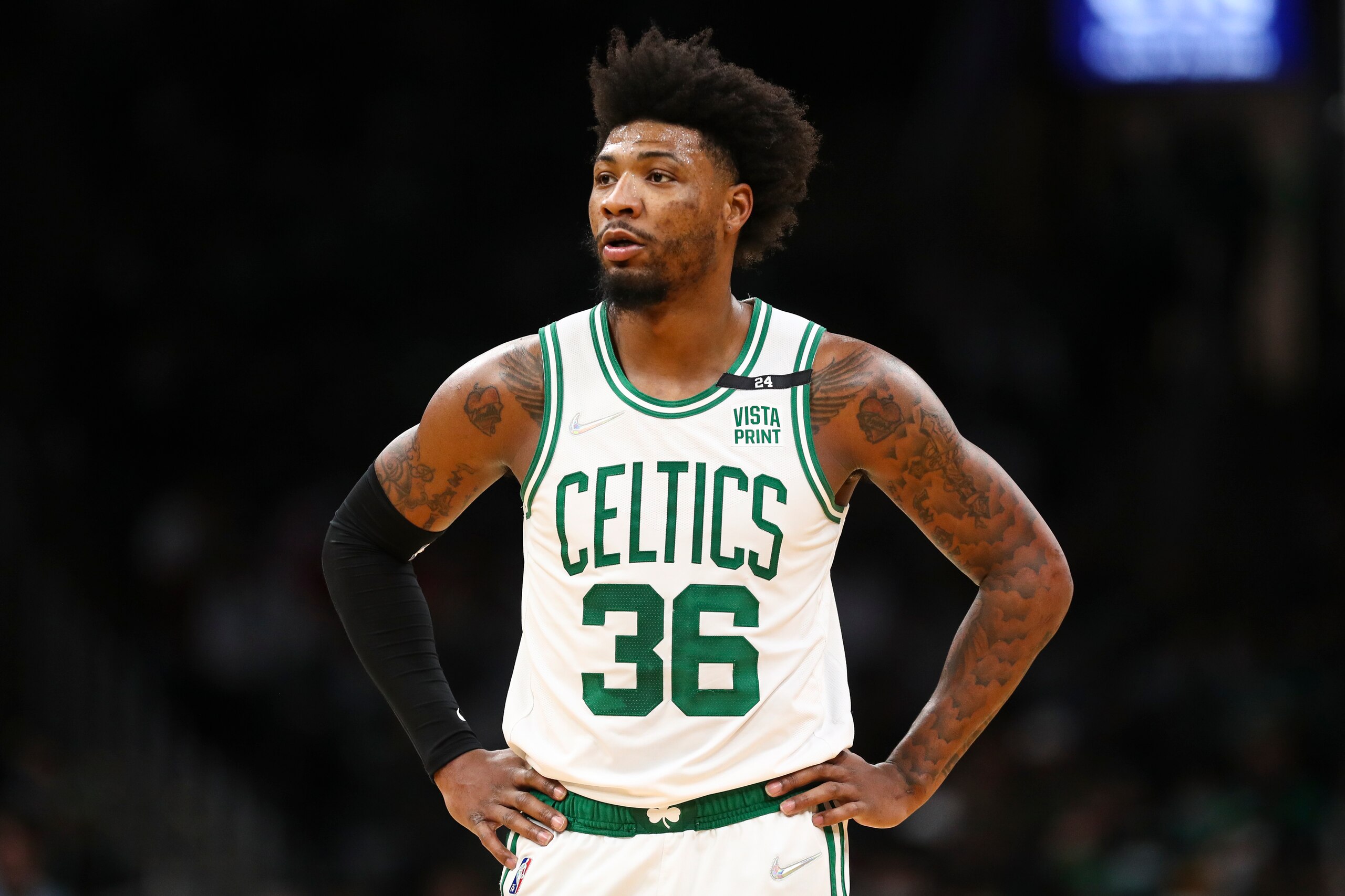 BOSTON, MA - JANUARY 10: Marcus Smart #36 of the Boston Celtics looks on during a game against the Indiana Pacers at TD Garden on January 10, 2022 in Boston, Massachusetts. NOTE TO USER: User expressly acknowledges and agrees that, by downloading and or using this photograph, User is consenting to the terms and conditions of the Getty Images License Agreement. (Photo by Adam Glanzman/Getty Images) BOSTON, MA - JANUARY 10: Marcus Smart #36 of the Boston Celtics looks on during a game against the Indiana Pacers at TD Garden on January 10, 2022 in Boston, Massachusetts. NOTE TO USER: User expressly acknowledges and agrees that, by downloading and or using this photograph, User is consenting to the terms and conditions of the Getty Images License Agreement. (Photo by Adam Glanzman/Getty Images)