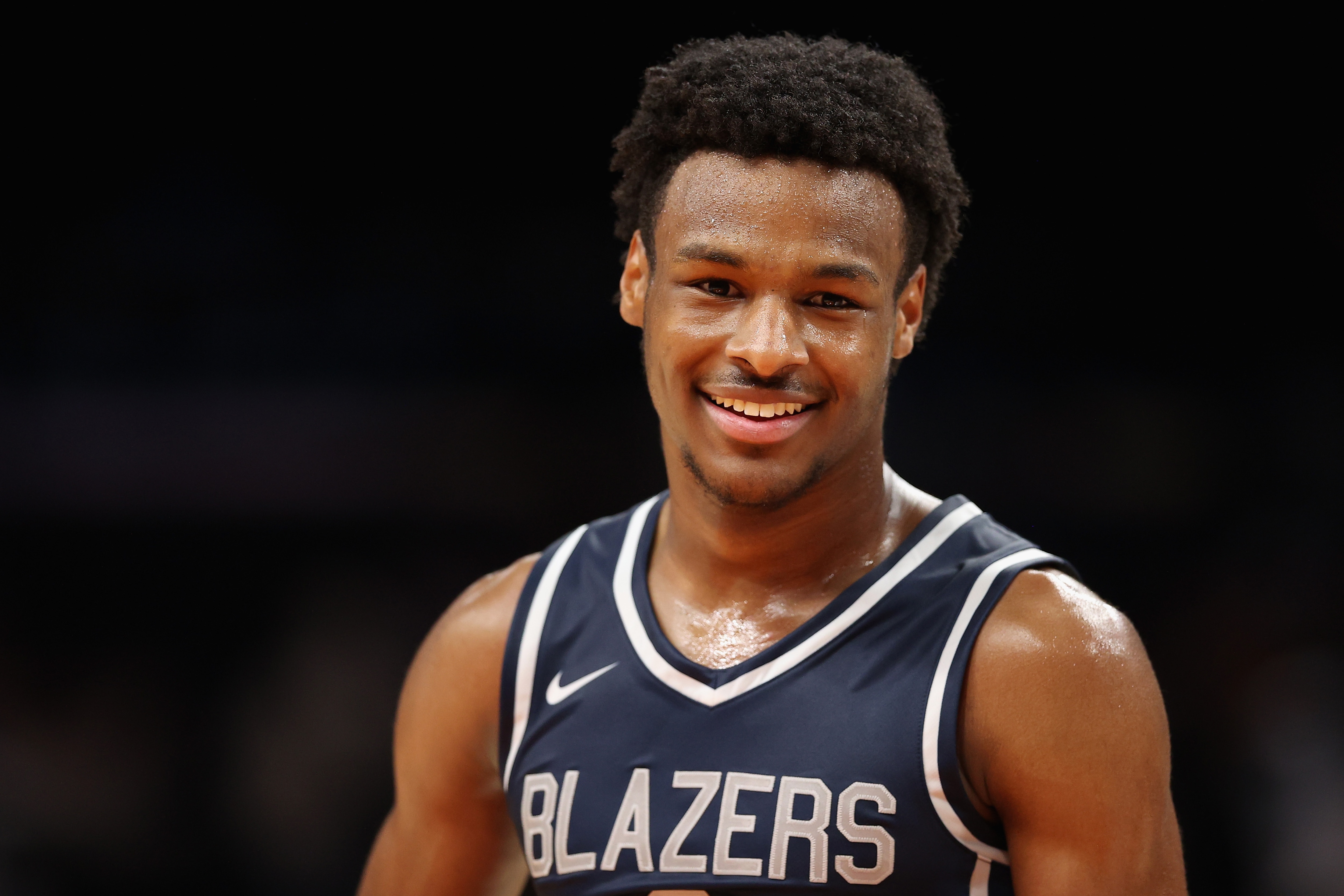 PHOENIX, ARIZONA - DECEMBER 11: Bronny James #0 of the Sierra Canyon Trailblazers reacts during the Hoophall West tournament against the Perry Pumas at Footprint Center on December 11, 2021 in Phoenix, Arizona. (Photo by Christian Petersen/Getty Images)