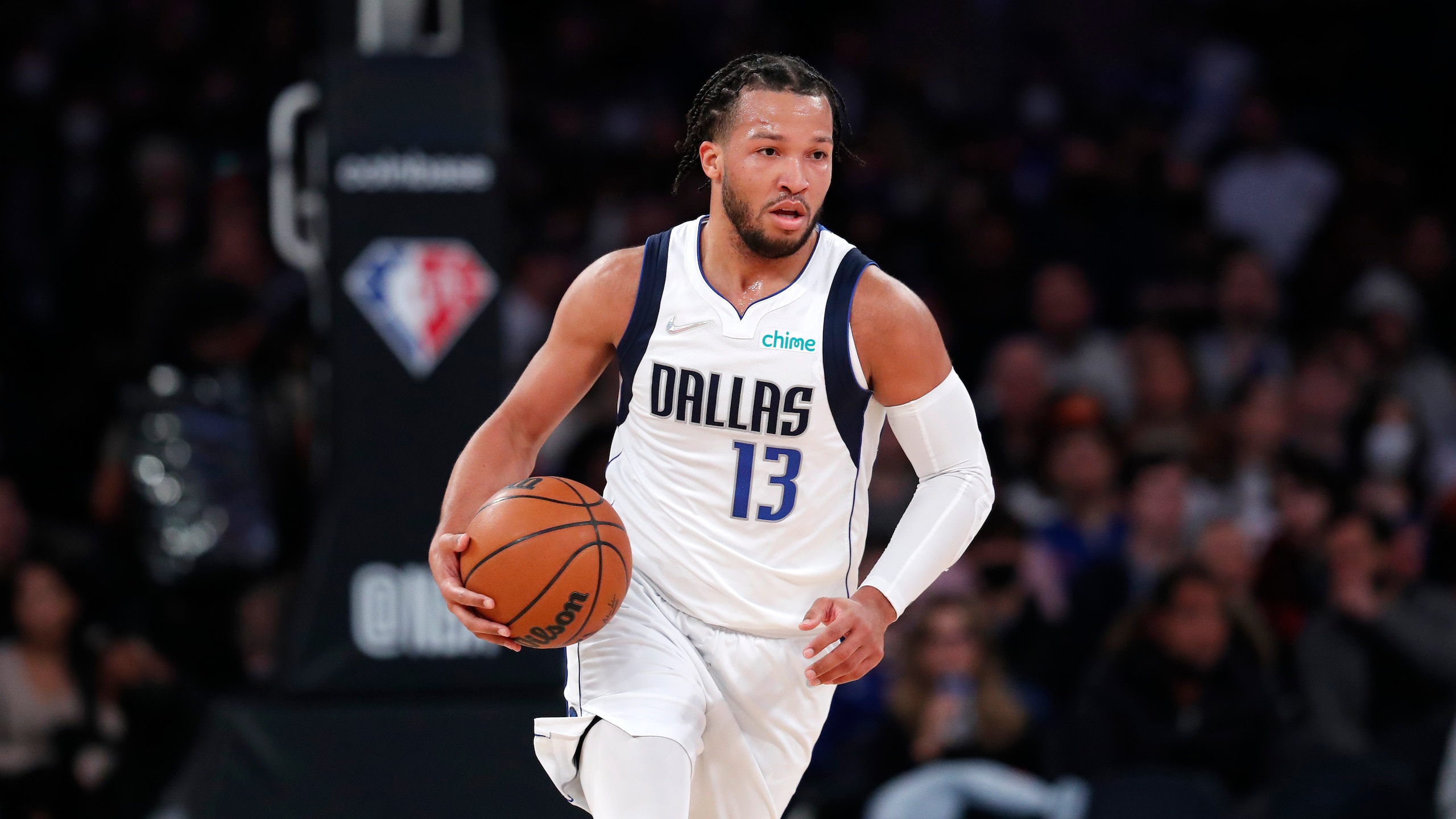 Dallas Mavericks guard Jalen Brunson (13) dribbles the ball against the New York Knicks during the first half of an NBA basketball game, Wednesday, Jan. 12, 2022 in New York. (AP Photo/Noah K. Murray) Dallas Mavericks guard Jalen Brunson (13) dribbles the ball against the New York Knicks during the first half of an NBA basketball game, Wednesday, Jan. 12, 2022 in New York. (AP Photo/Noah K. Murray)