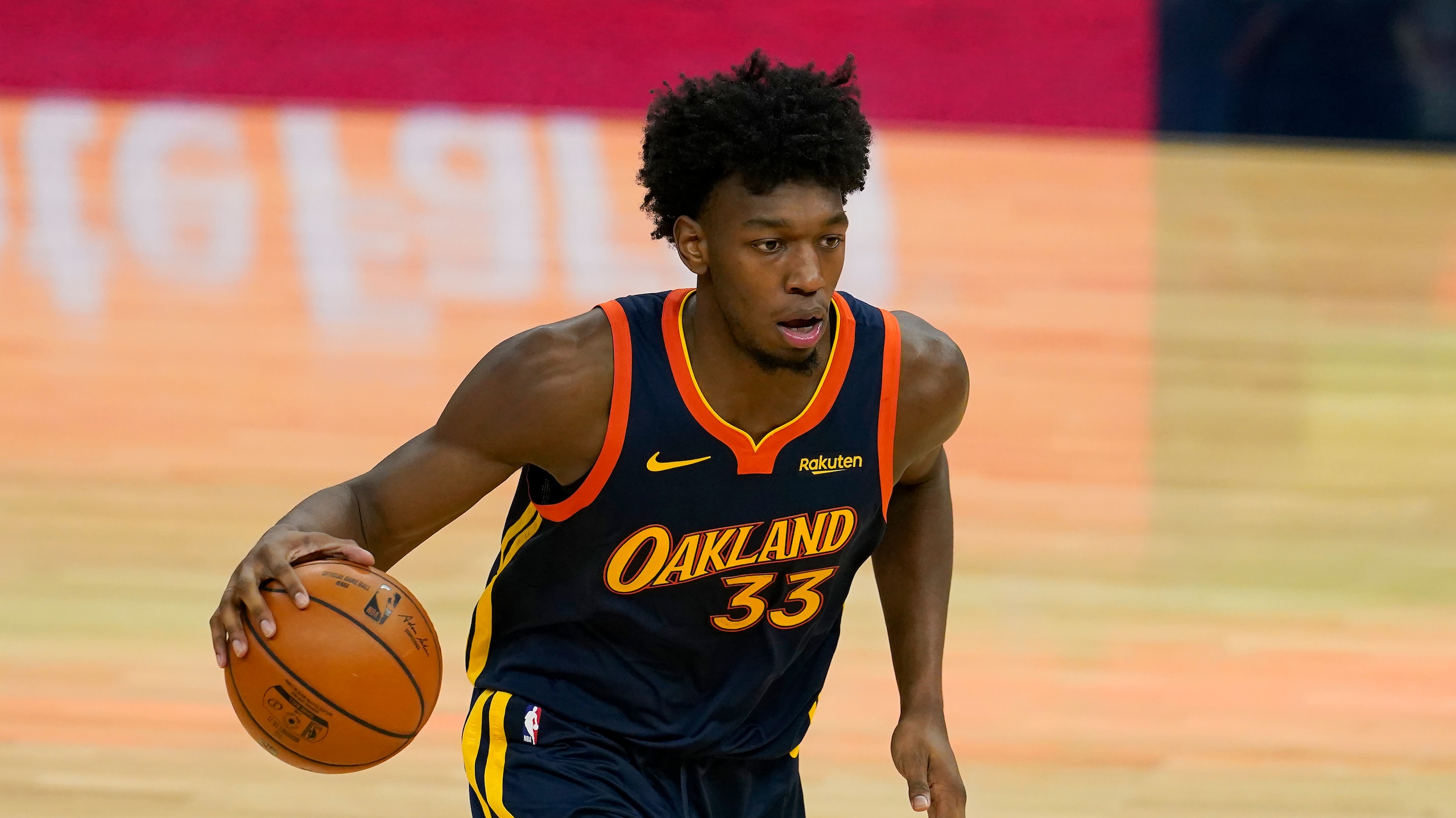 Golden State Warriors center James Wiseman (33) against the Philadelphia 76ers during an NBA basketball game in San Francisco, Tuesday, March 23, 2021. (AP Photo/Jeff Chiu) Golden State Warriors center James Wiseman (33) against the Philadelphia 76ers during an NBA basketball game in San Francisco, Tuesday, March 23, 2021. (AP Photo/Jeff Chiu)