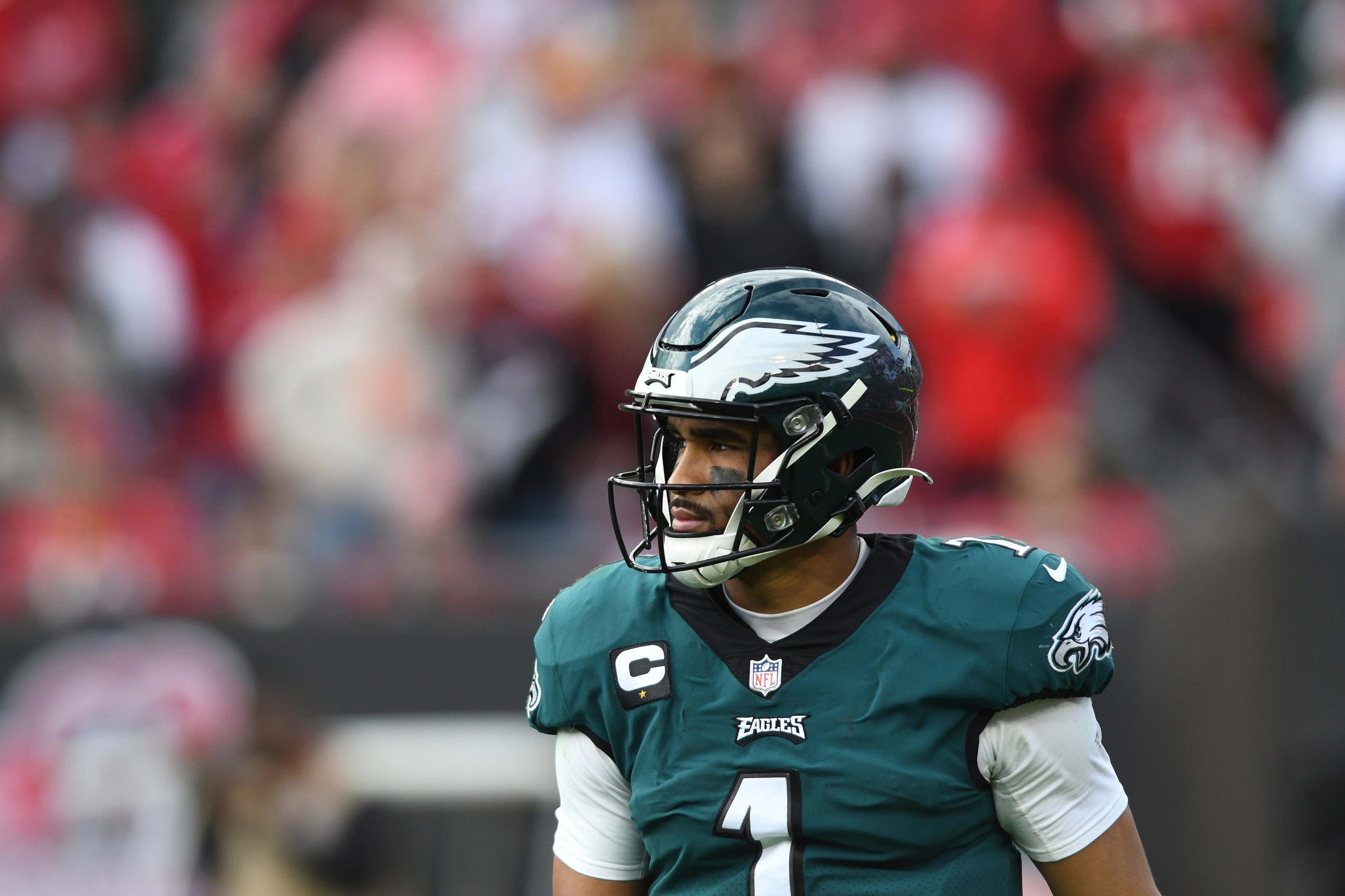Philadelphia Eagles quarterback Jalen Hurts (1) during the second half of an NFL wild-card football game against the Tampa Bay Buccaneers Sunday, Jan. 16, 2022, in Tampa, Fla. (AP Photo/Jason Behnken)
